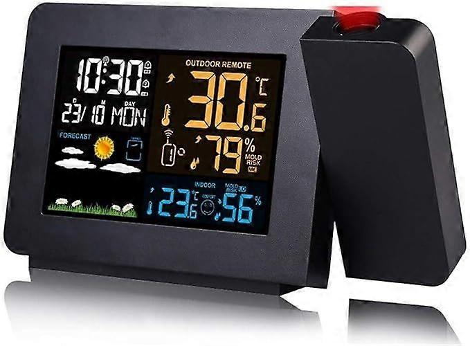Projektorwecker Mit Außensensor, Ideale Persönliche Wetterstation Fürs Schlafzimmer, Projektor Mit Einstellbarer Helligkeit, Doppelalarm Und Lcd-bildschirm, 12/24-stunden-format, Europäischer Stecker,