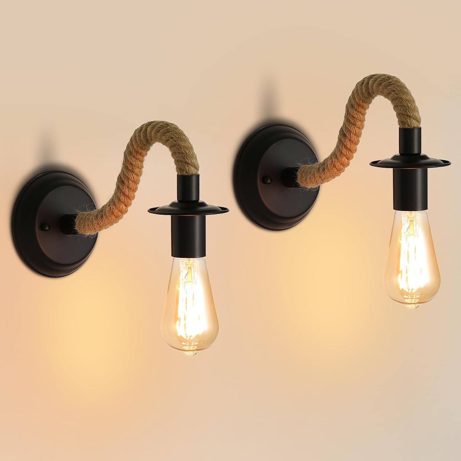 Set Mit 2 Wandleuchten, E27-glühbirne, Hanfseil, Retro-stil, Verstellbar, Geeignet Für Flur, Wohnzimmer, Schlafzimmer, Café, Bar, Loft (glühbirne Nicht Enthalten)