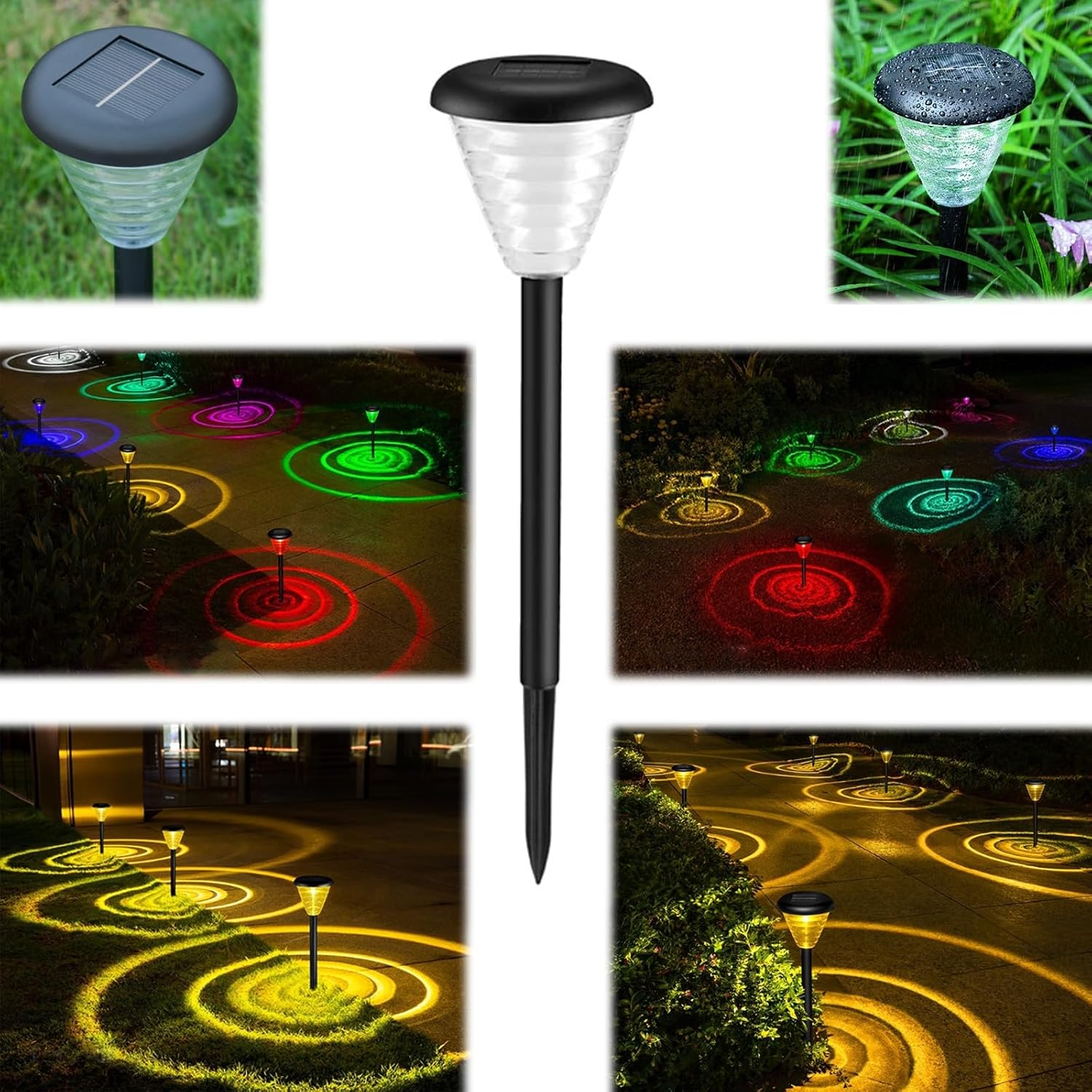 Set Mit 7 Solar-gartenleuchten Für Den Außenbereich – Farbwechselnde Leds + Warmweiß, Automatische Ein-/ausschaltung, Wasserdicht, Schwarz, Ultrahell
