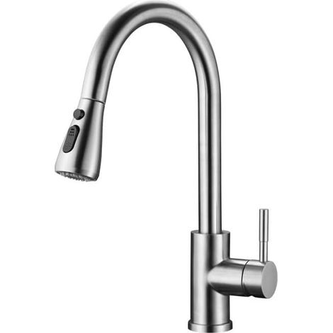 Küchenarmatur Aus Edelstahl Mit Ausziehbarer Brause, 360°-schwenkfunktion, Einhebelmischer, Rostfrei, 2-funktions-wasserstrahl Und Keramikkartusche (silber)
