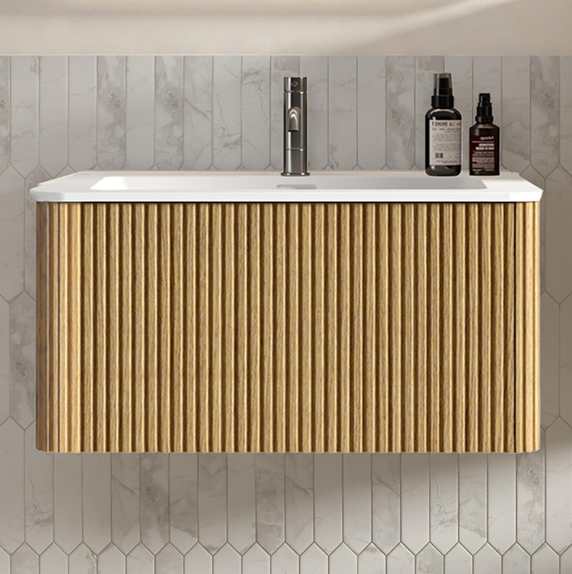 Waschbecken Mit Unterschrank 93.5x55x47 Cm, Push To Open Schubladen, Vormontiert, Mdf, Sperrholz, Solid Surface, Eichenfarbe