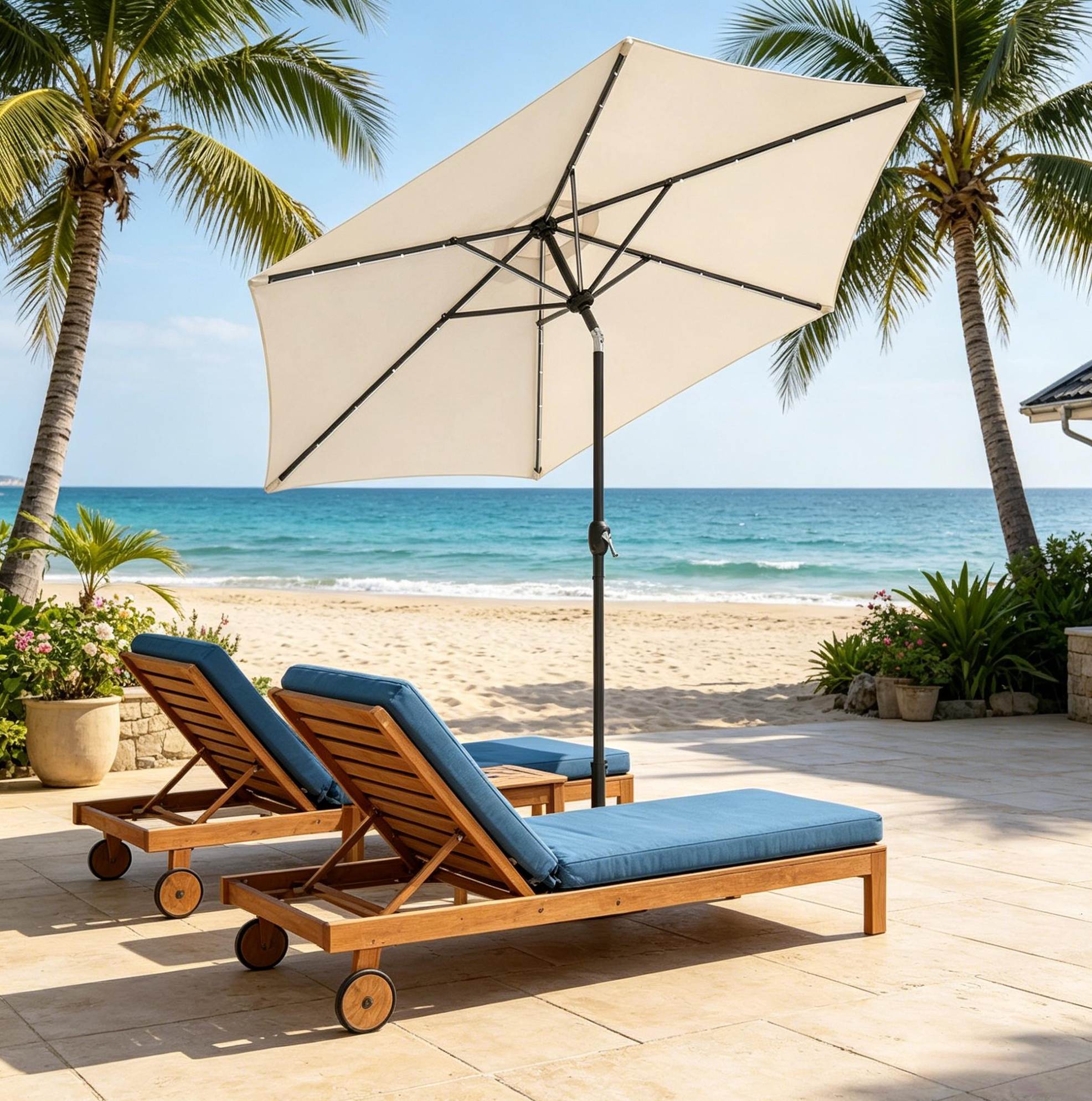 Sonnenschirm (ø 292 X 247 Cm), Neigbar, Solar Led Beleuchtung, Polyester, Beige