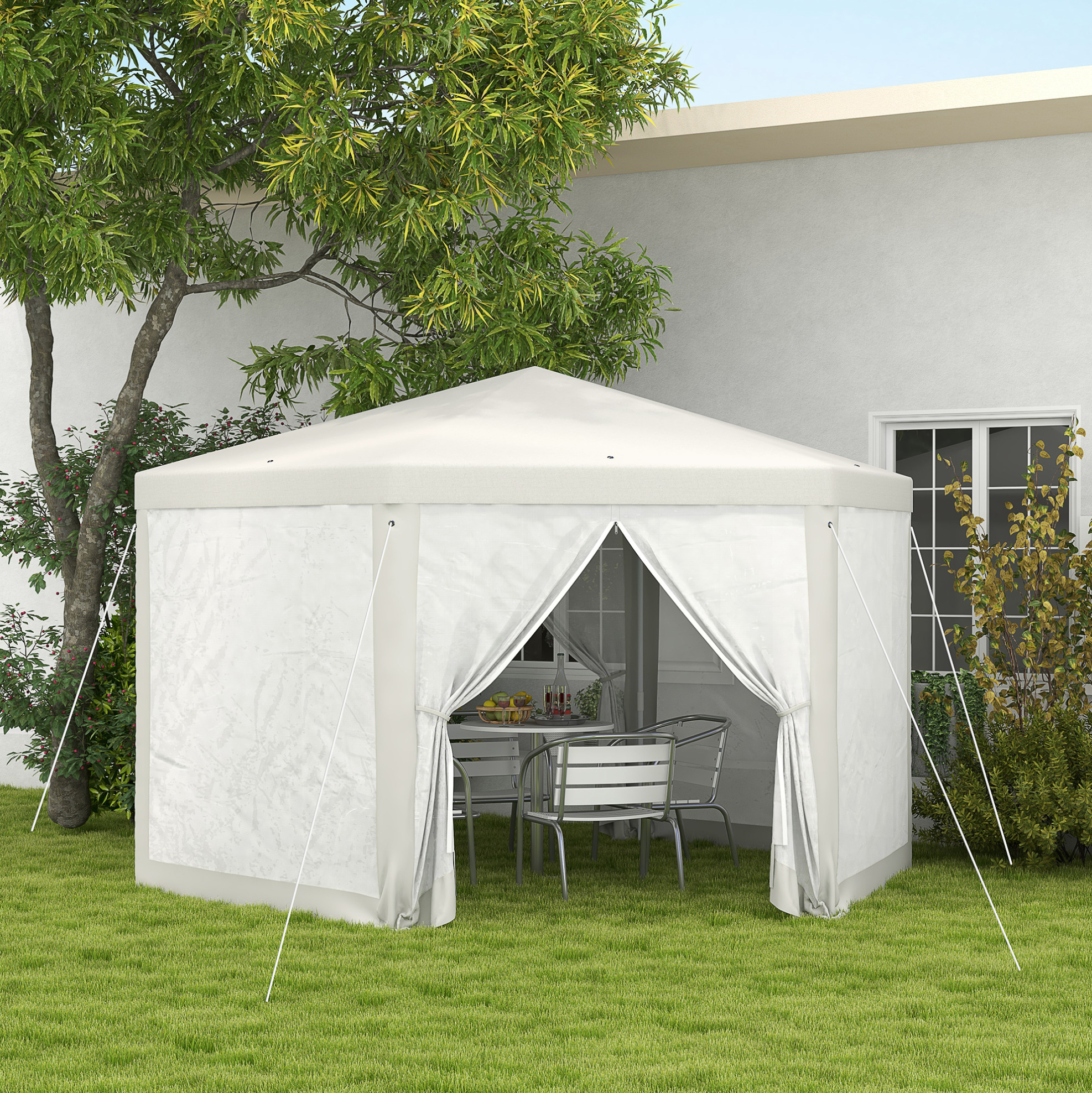 Sechseckiger Gartenpavillon 394x341.2x250 Cm, Mit Netzvorhängen, Wasserabweisendem Polyesterdach, Metall, Cremeweiß
