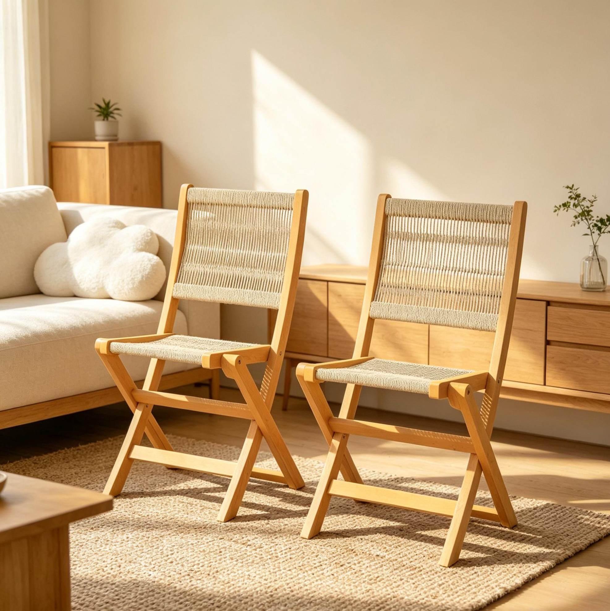 Set Aus 2 Gartenstühlen, Klappbar, Ergonomische Rückenlehne, Akazienholz Und Pp Seil, Beige Natur