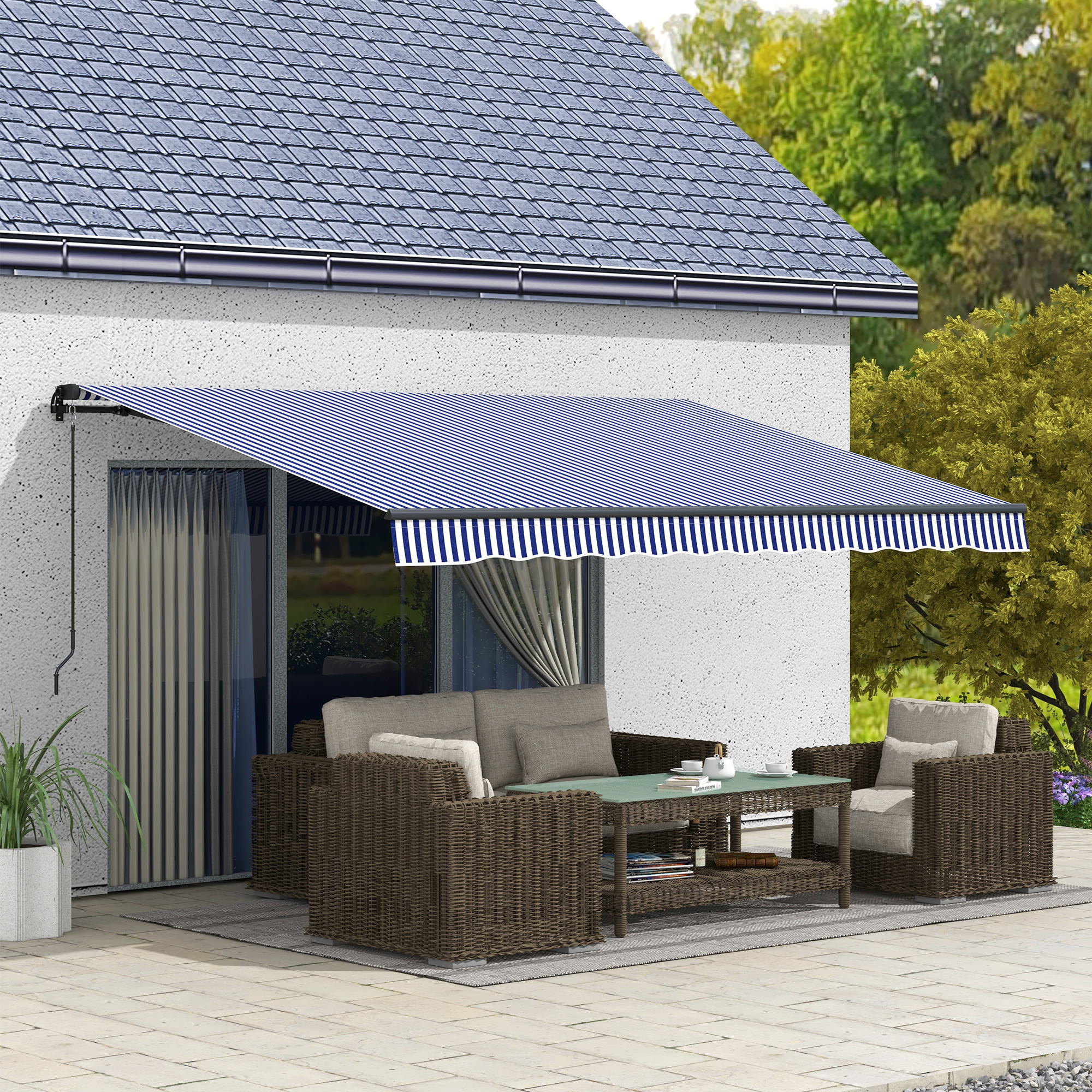 Ausziehbare Terrassenmarkise, Handkurbel, Verstellbarer Neigungswinkel, Aluminium Metall, Blau