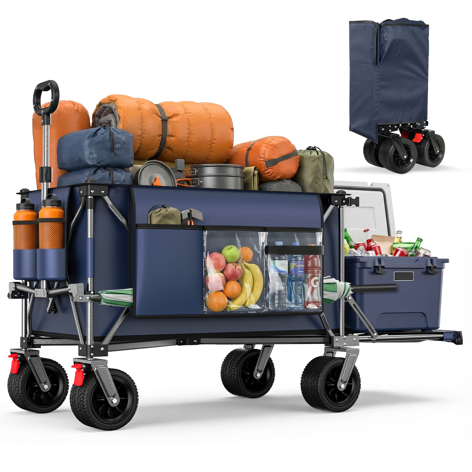 Bollerwagen Mit Ausziehbarer Heckklappe, Faltbar, Große Geländeräder, Getränkehalter, Stahl Und Oxford Gewebe, Blau Grau