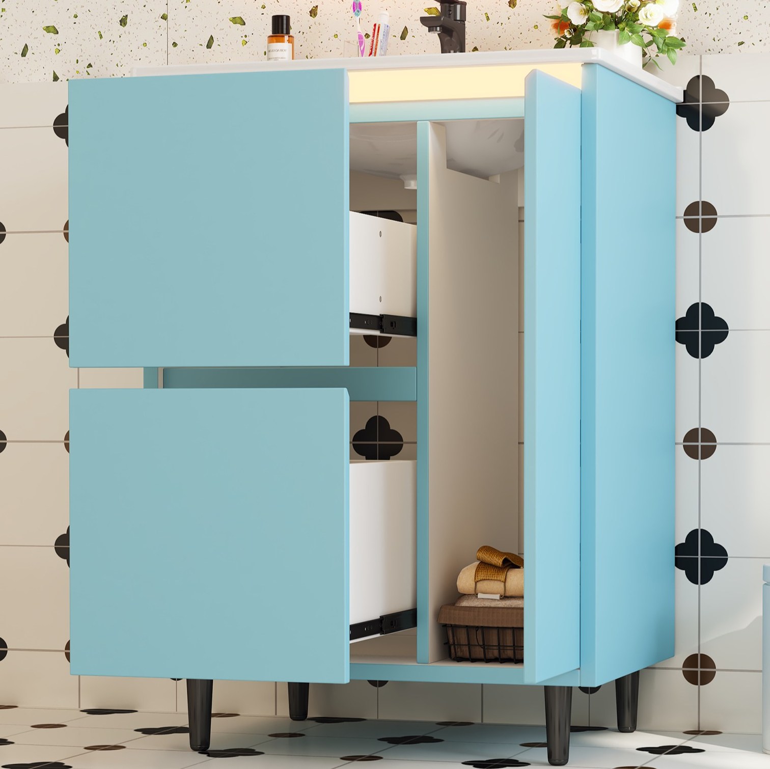 Badezimmerwaschtisch 61x46.5x87 Cm, Integriertes Keramikbecken, 2 Schubladen, Mdf, Blau