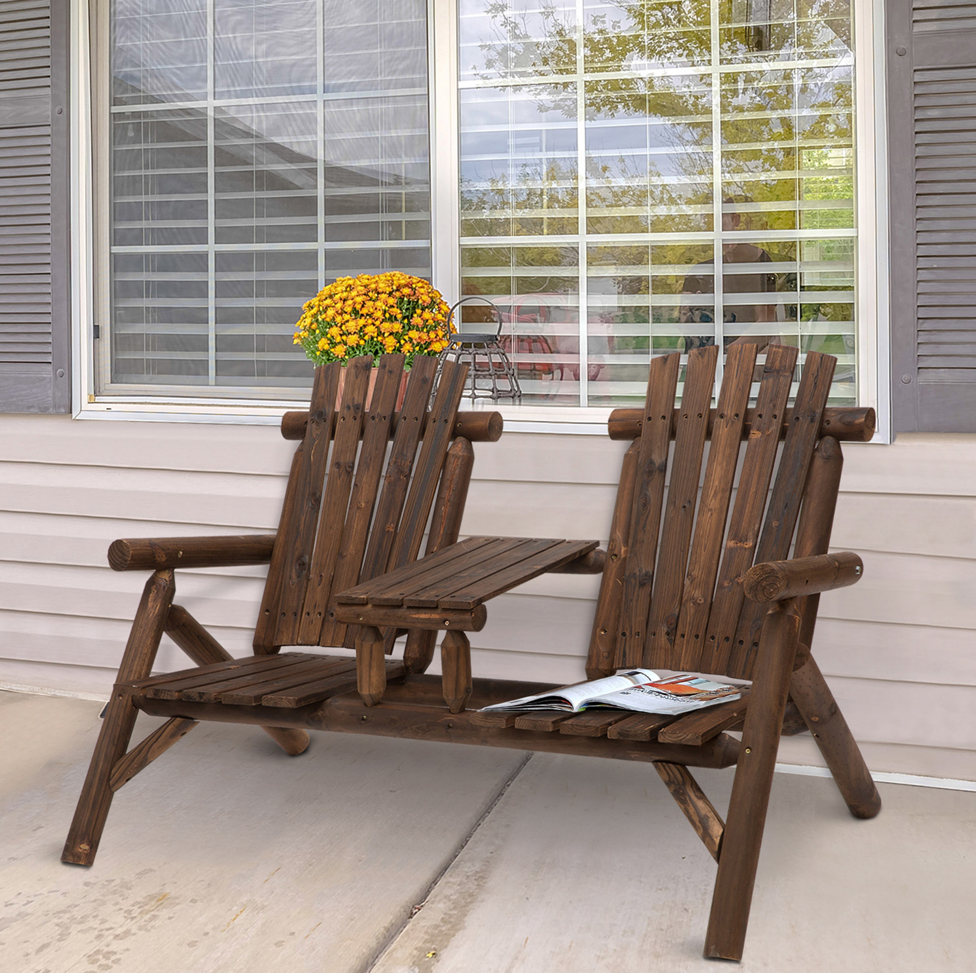 Gartenbank Mit Mitteltisch 157x88x103 Cm, Ergonomische Rückenlehne, Breite Sitze, Tannenholz, Braun