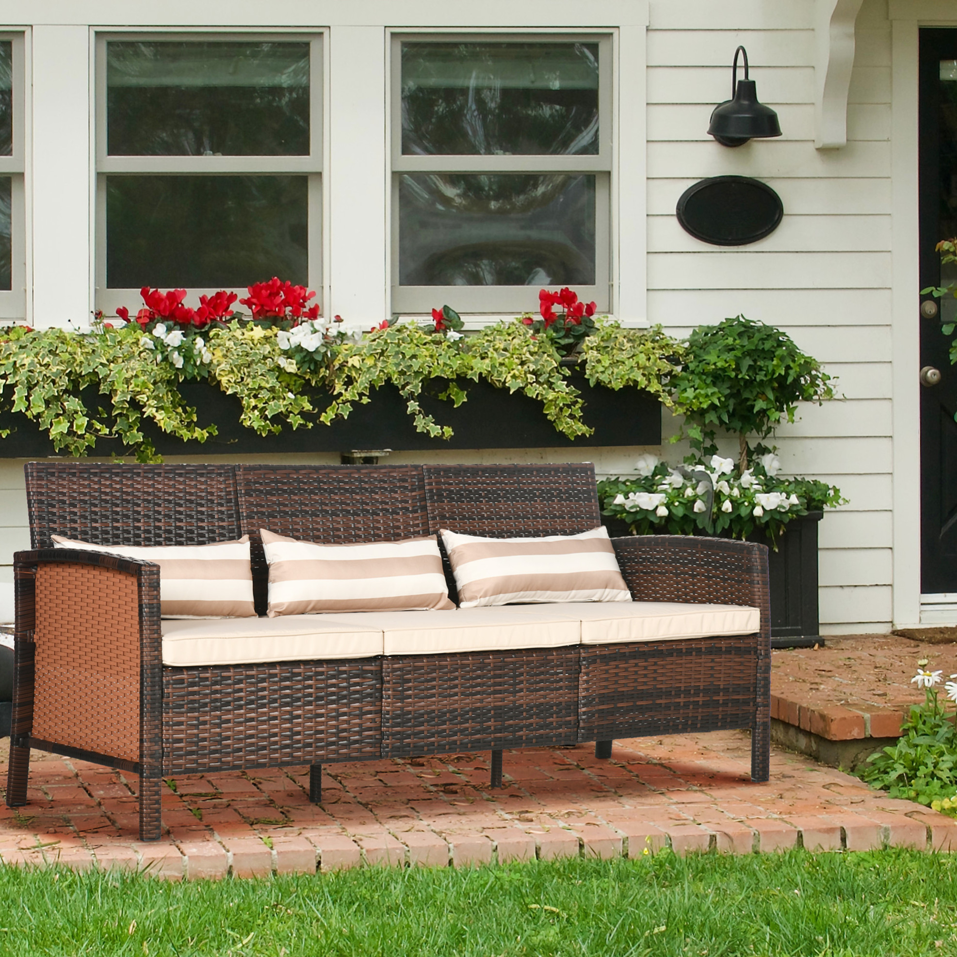 Dreisitzer Gartensofa (173x68x78 Cm), Polyrattanoptik, Sitz Und Rückenkissen, Stahl, Braun