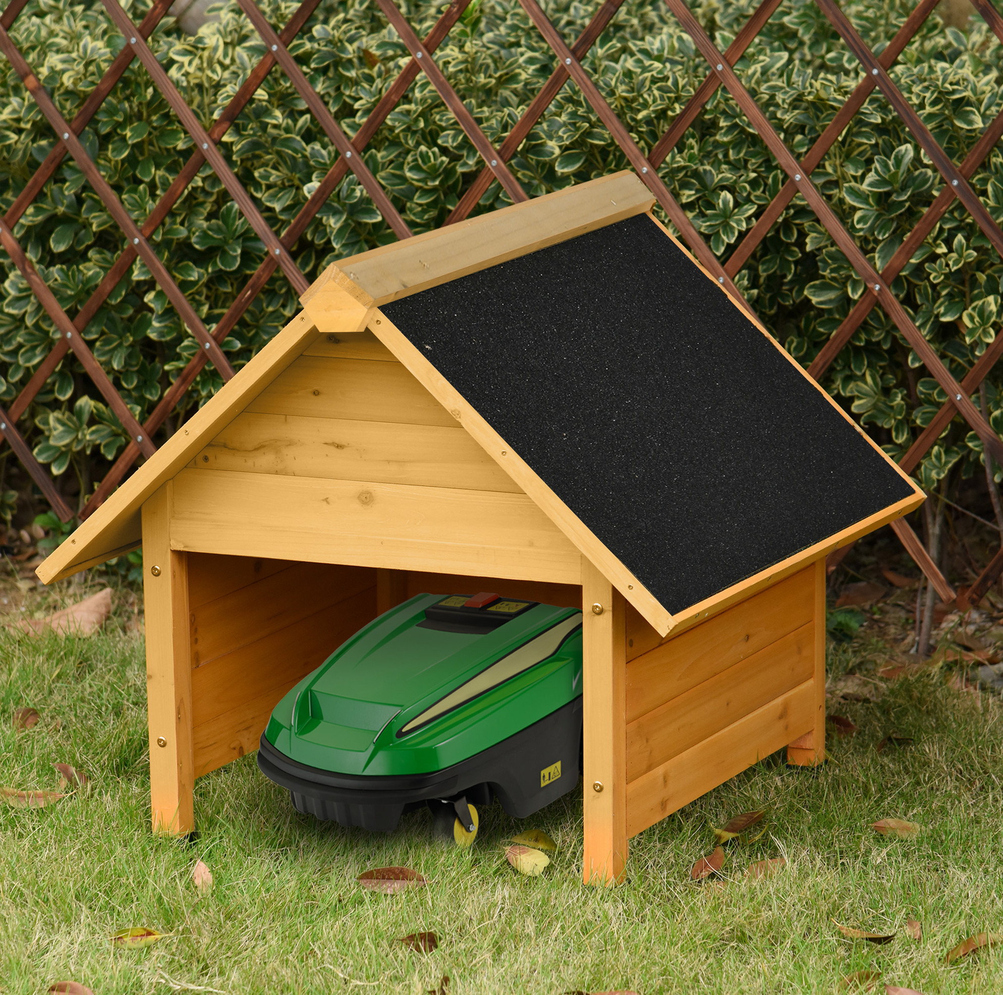 Rasenmäherschuppen Mähroboter Garage (75x76x70 Cm), Bitumendach, Vier Holzfüße, Holz, Gelb