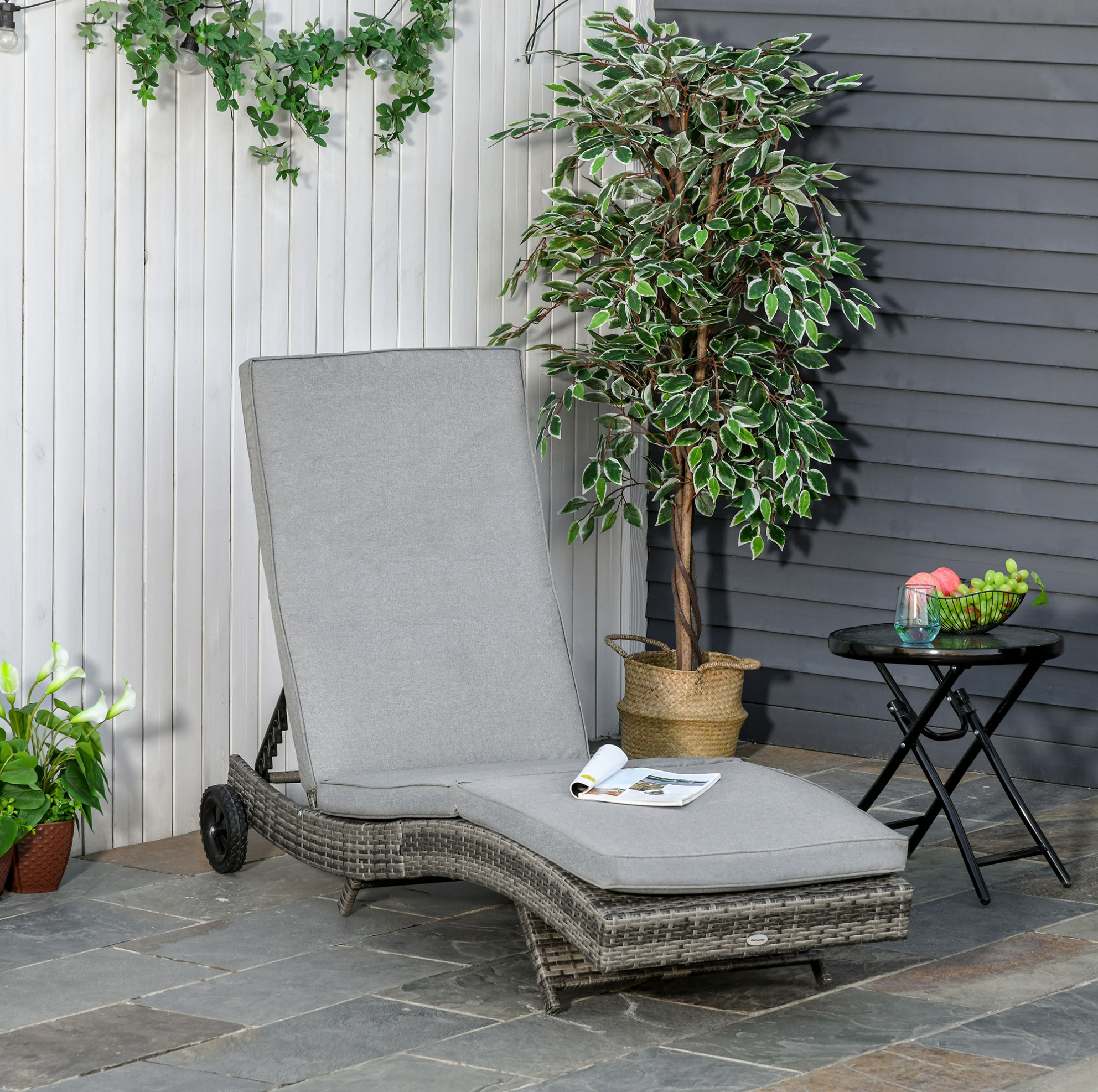 Gartenliege 207x70x70 Cm, Wellenförmig, 5 Stufig Verstellbare Rückenlehne, Kunststoffrattan, Grau