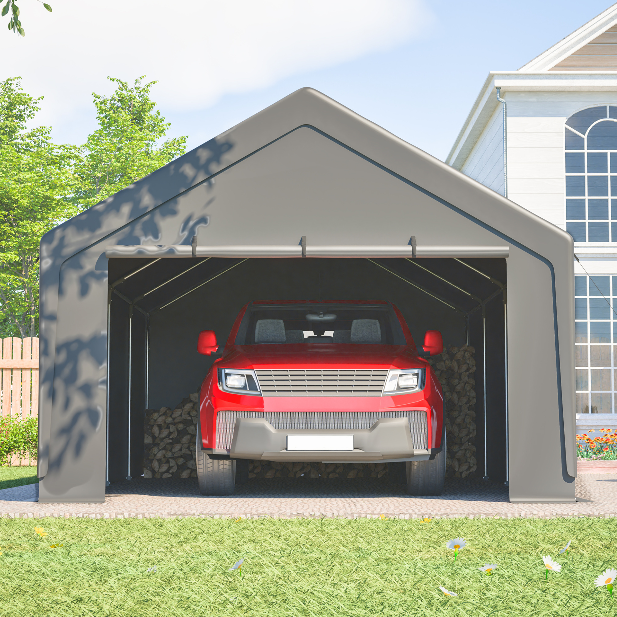 Carport, Verzinkter Stahlrahmen, Abnehmbare Seitenwände, Rollfenster, Grau