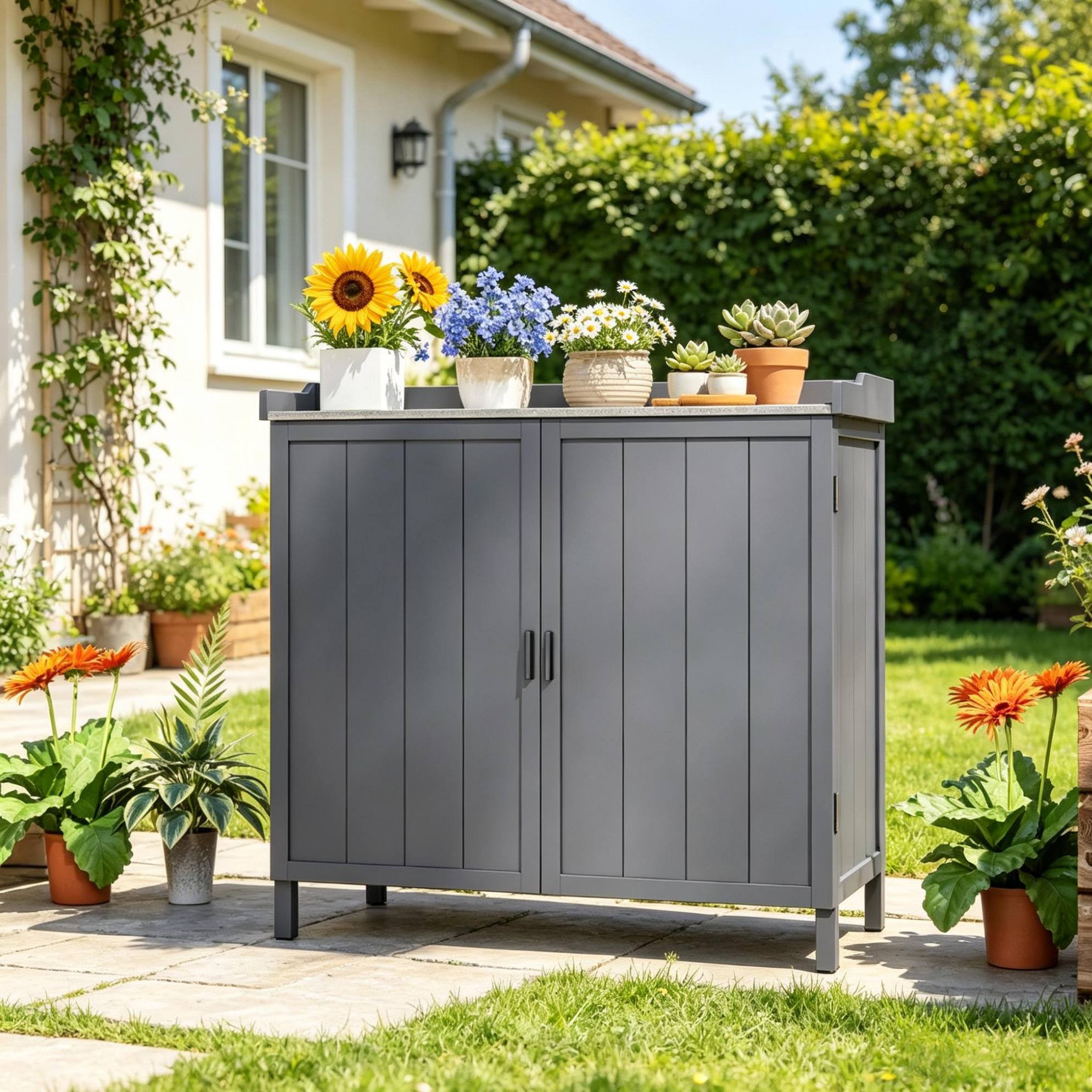 Gartenschrank 98x48x95.5 Cm, 2 In 1 Töpftisch, Regal Und Doppeltür, Tannenholz Und Metall, Grau