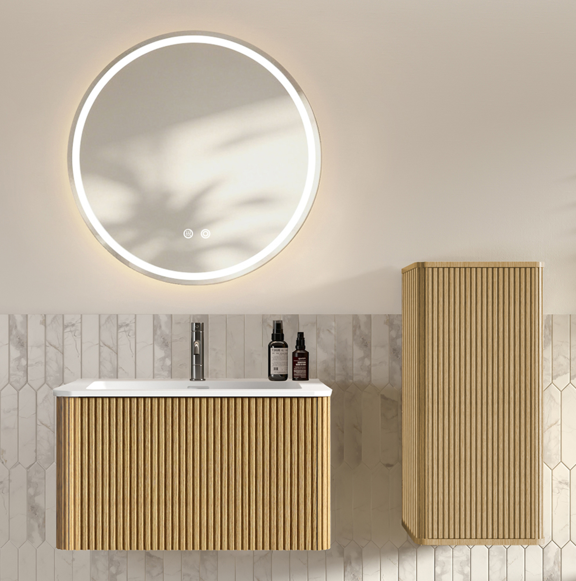 Badezimmermöbel Set, Led Badspiegel, Hängender Waschbeckenunterschrank Und Seitenschrank, Mdf, Eichefarbe