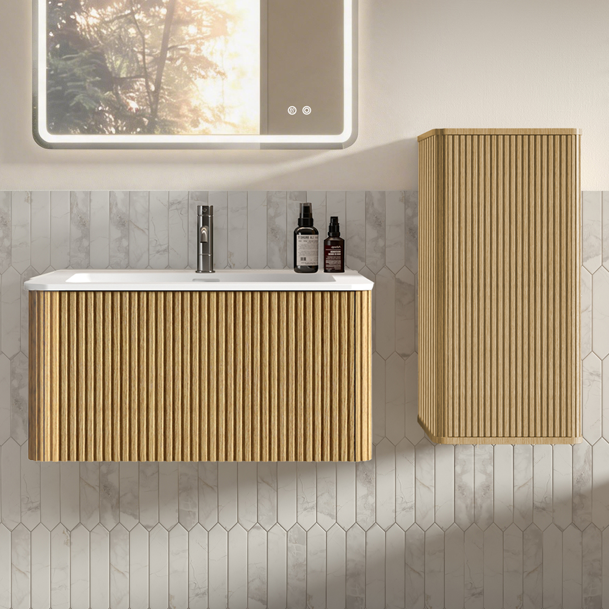 Badmöbel Set, Waschtisch Mit Unterschrank Und Seitenschrank, Vertikale Rillen, Mdf, Sperrholz, Kunststein, Eiche
