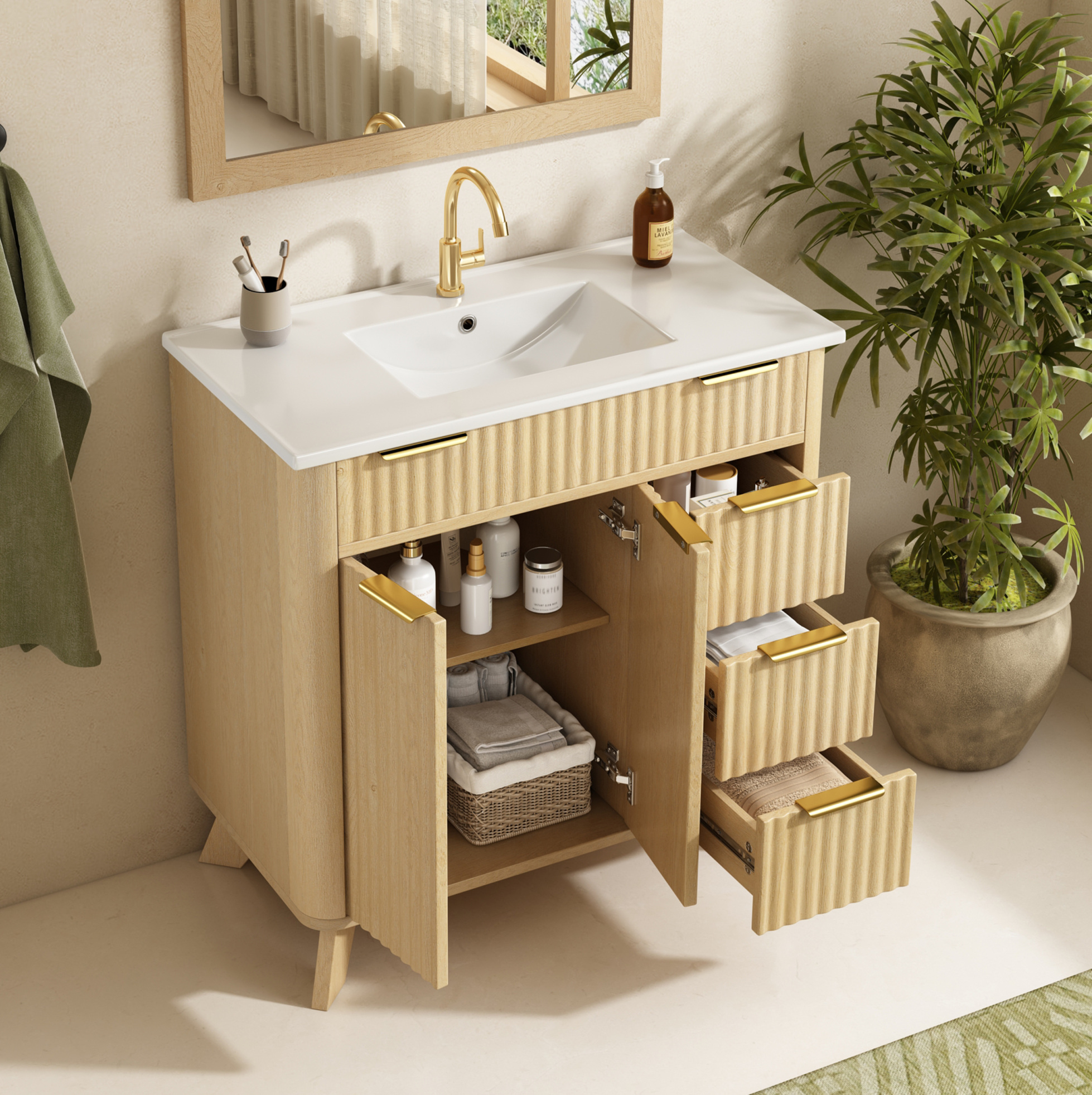 Waschtischunterschrank 81x47x90 Cm, Mit Keramikwaschbecken, 3 Schubladen, Soft Close Türen, Mdf, Naturholz