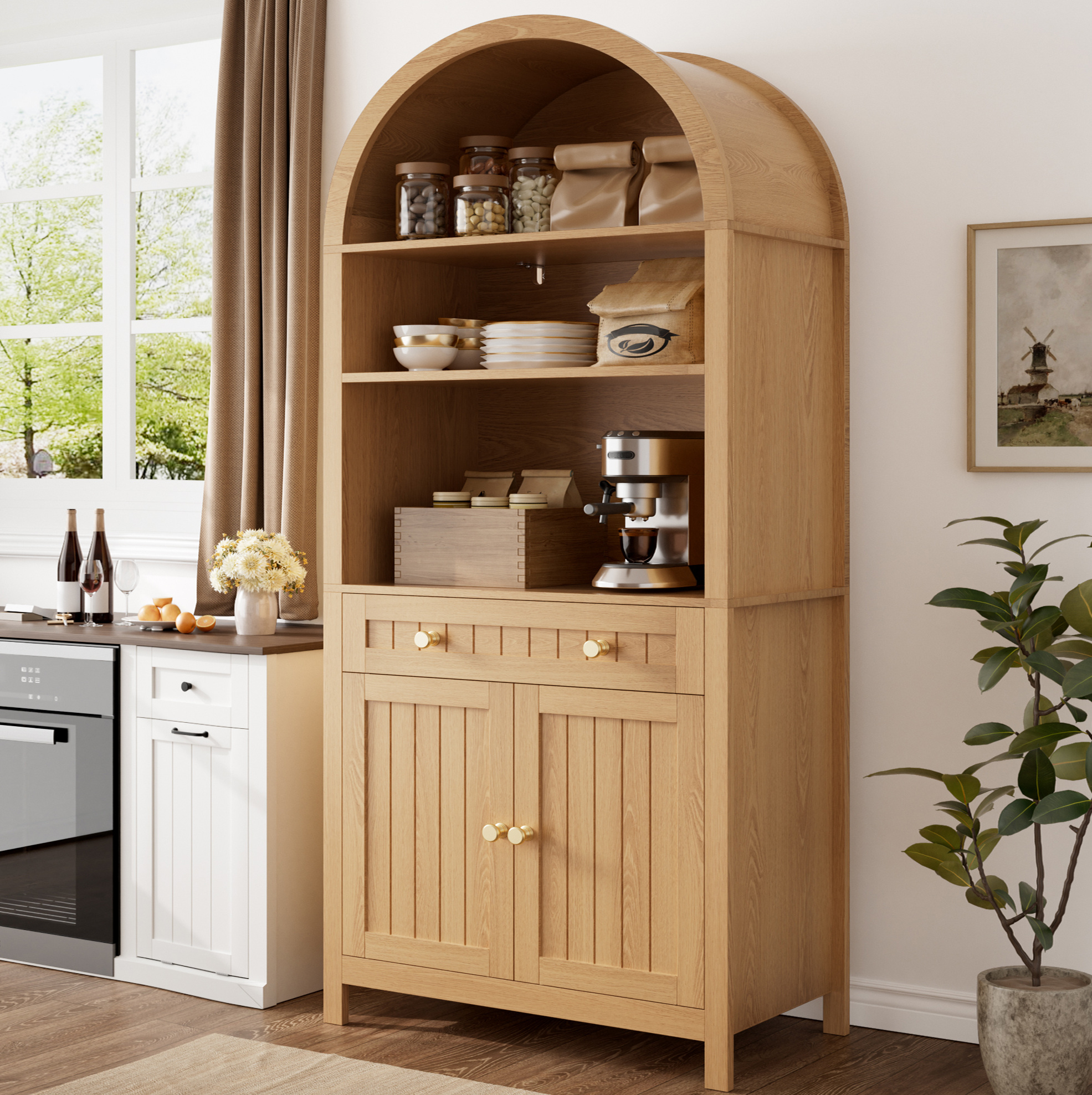 Hochschrank 76x40x180 Cm, Bogenfront, Offene Ablagen, Gewürzregale, Mdf Und Spanplatte, Natur