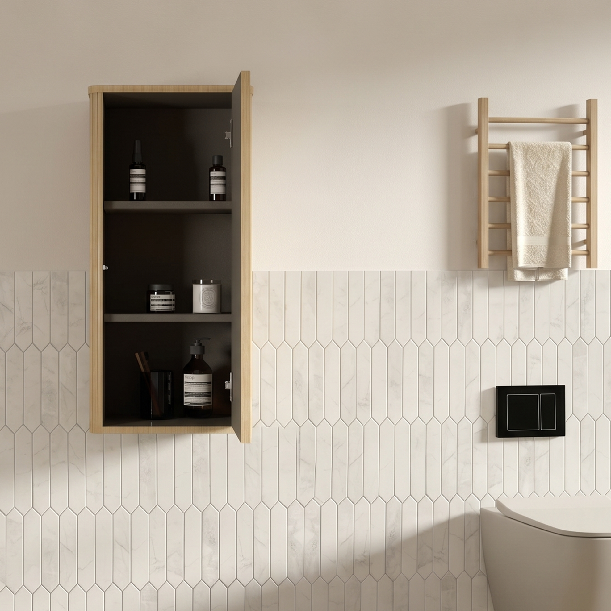 Wandschrank, Grifflose Push To Open Tür, Rillen Design, Mdf Und Sperrholz, Eichenfarbe
