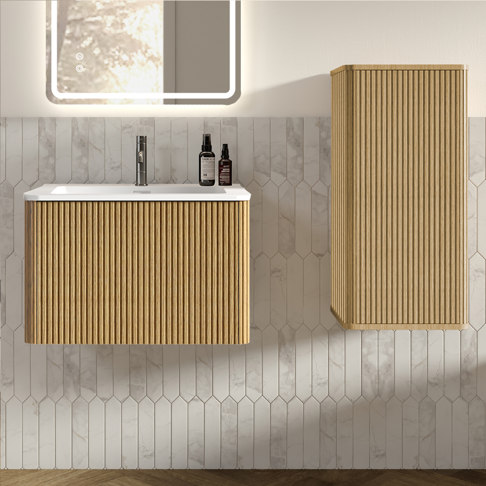 Badmöbel Set Waschtischunterschrank Und Seitenschrank, Vertikale Rillen, Mdf Sperrholz Kunststein, Eiche
