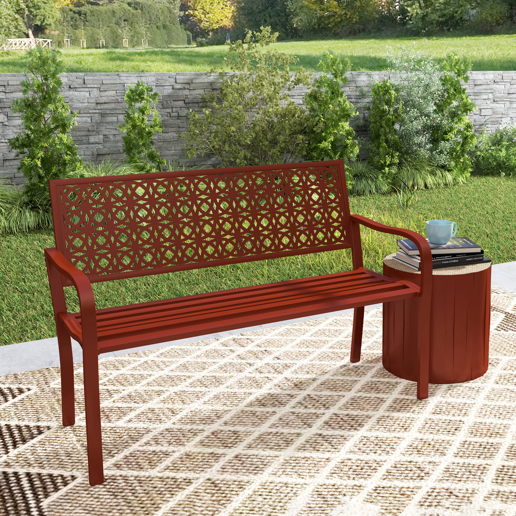 Zweisitzer Gartenbank 127x63x85 Cm, Wetterfester Stahlrahmen, Dekorative Rückenlehne, Armlehnen, Stahl, Rot
