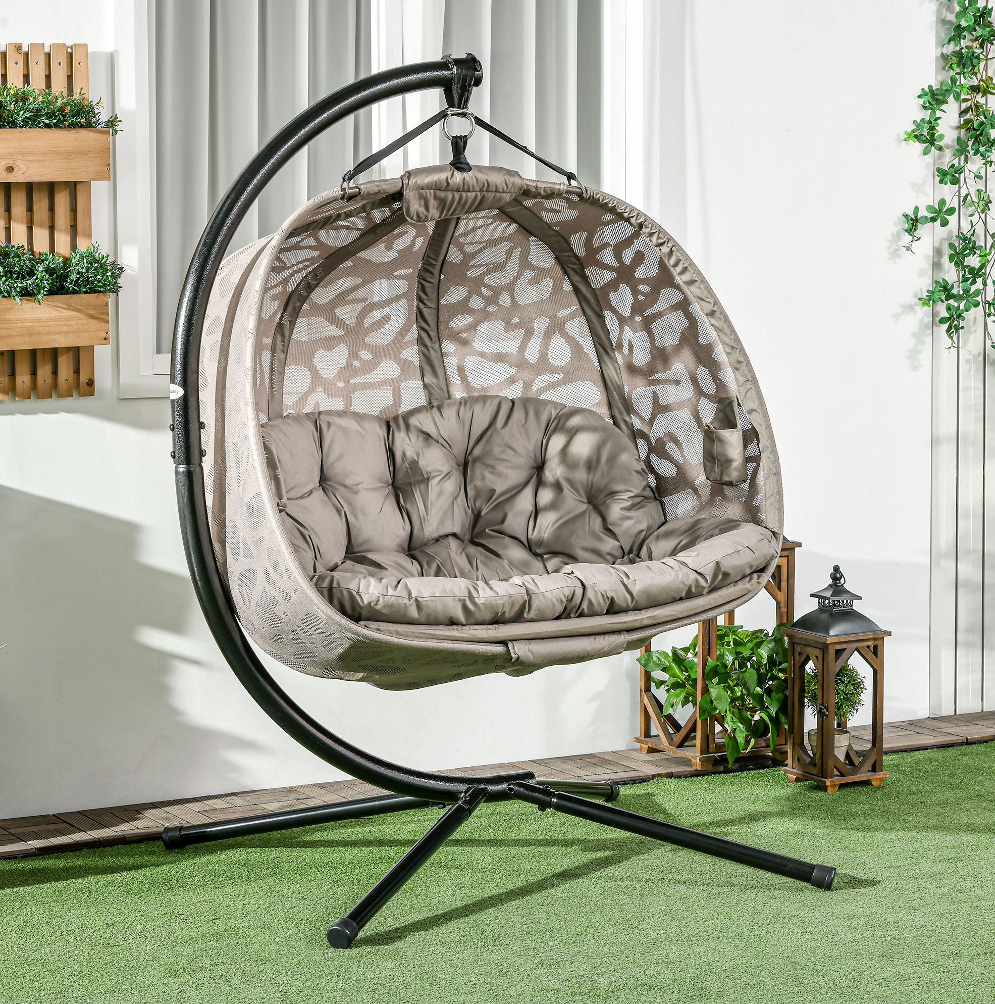 Hängesessel Für Zwei 130x103x172 Cm, Klappbarer Sitzkorb Mit Dach, Stahl, Sand
