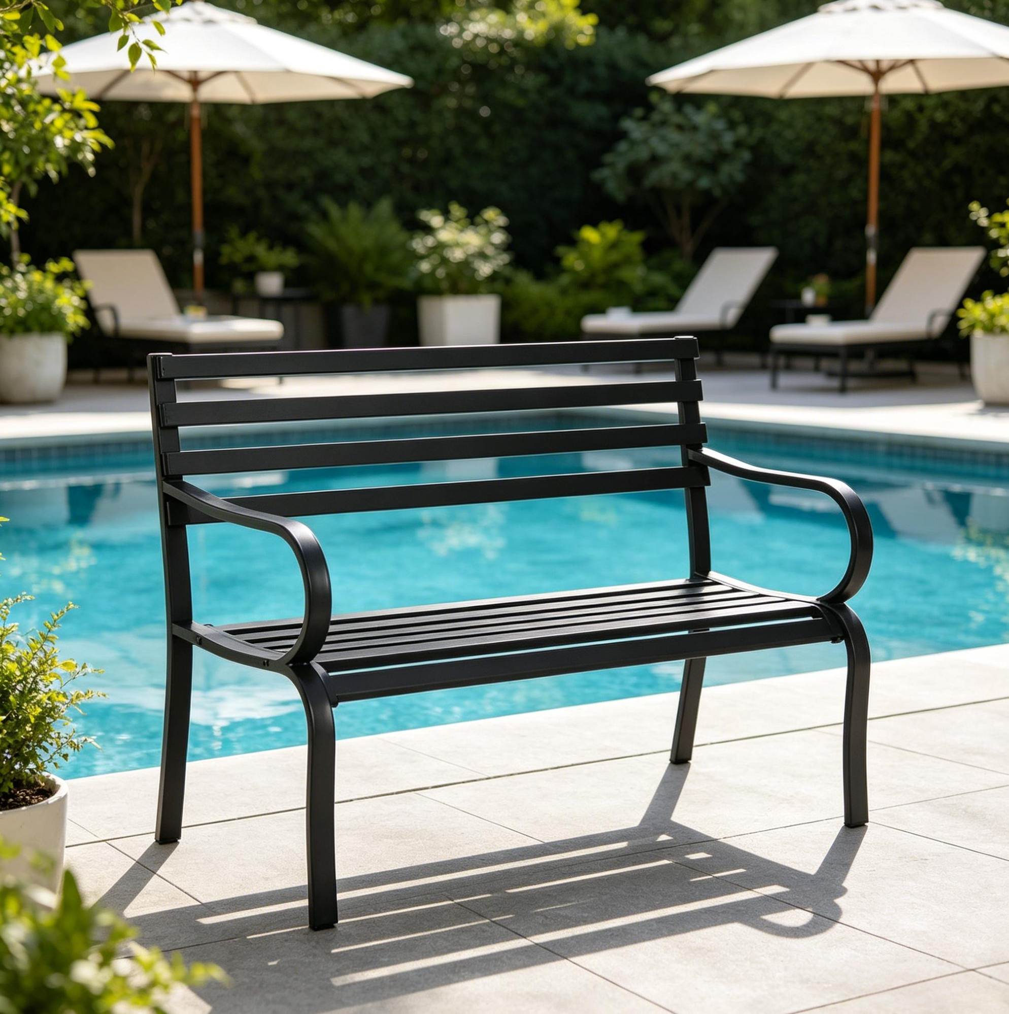 Gartenbank (127x58x82 Cm), Leicht Schräge Hohe Rückenlehne, Tiefer Sitz, Metall, Schwarz