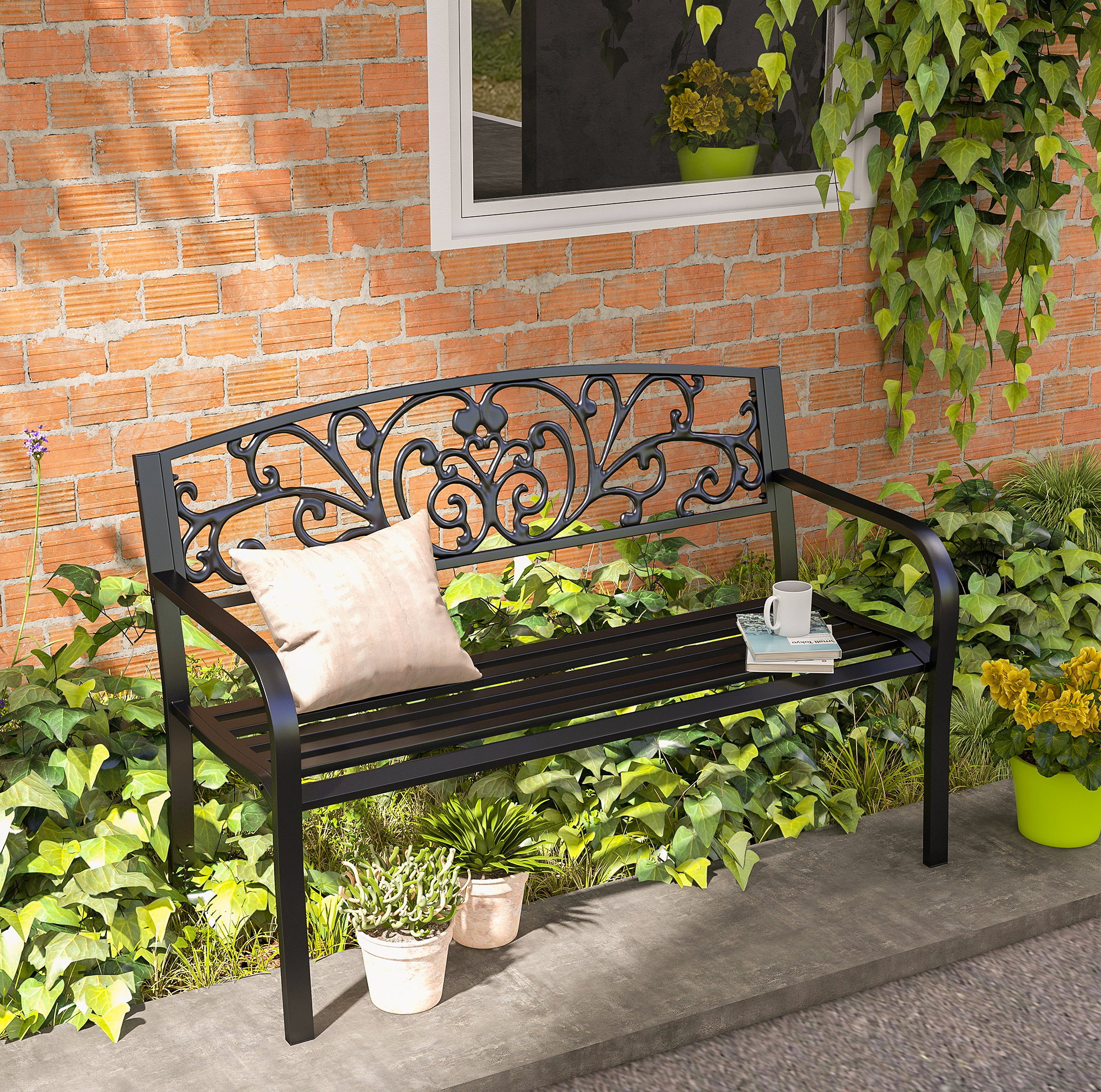 Zweisitzer Gartenbank 127x60x87 Cm Mit Rückenlehne Und Armlehnen, Pulverbeschichteter Stahl, Schwarz