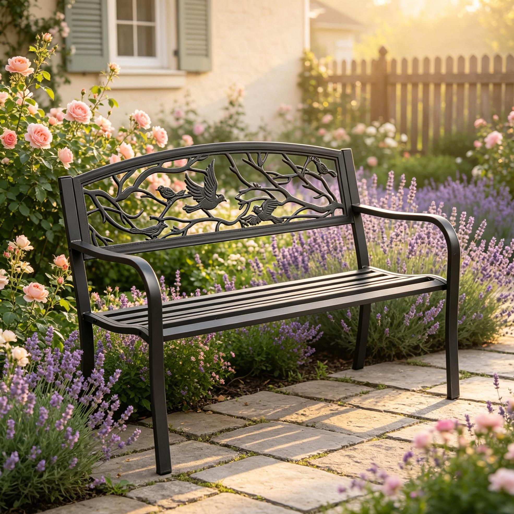 Gartenbank 127x60x85 Cm, Geneigte Rückenlehne, Ablaufdesign, Eisen Und Metall, Schwarz