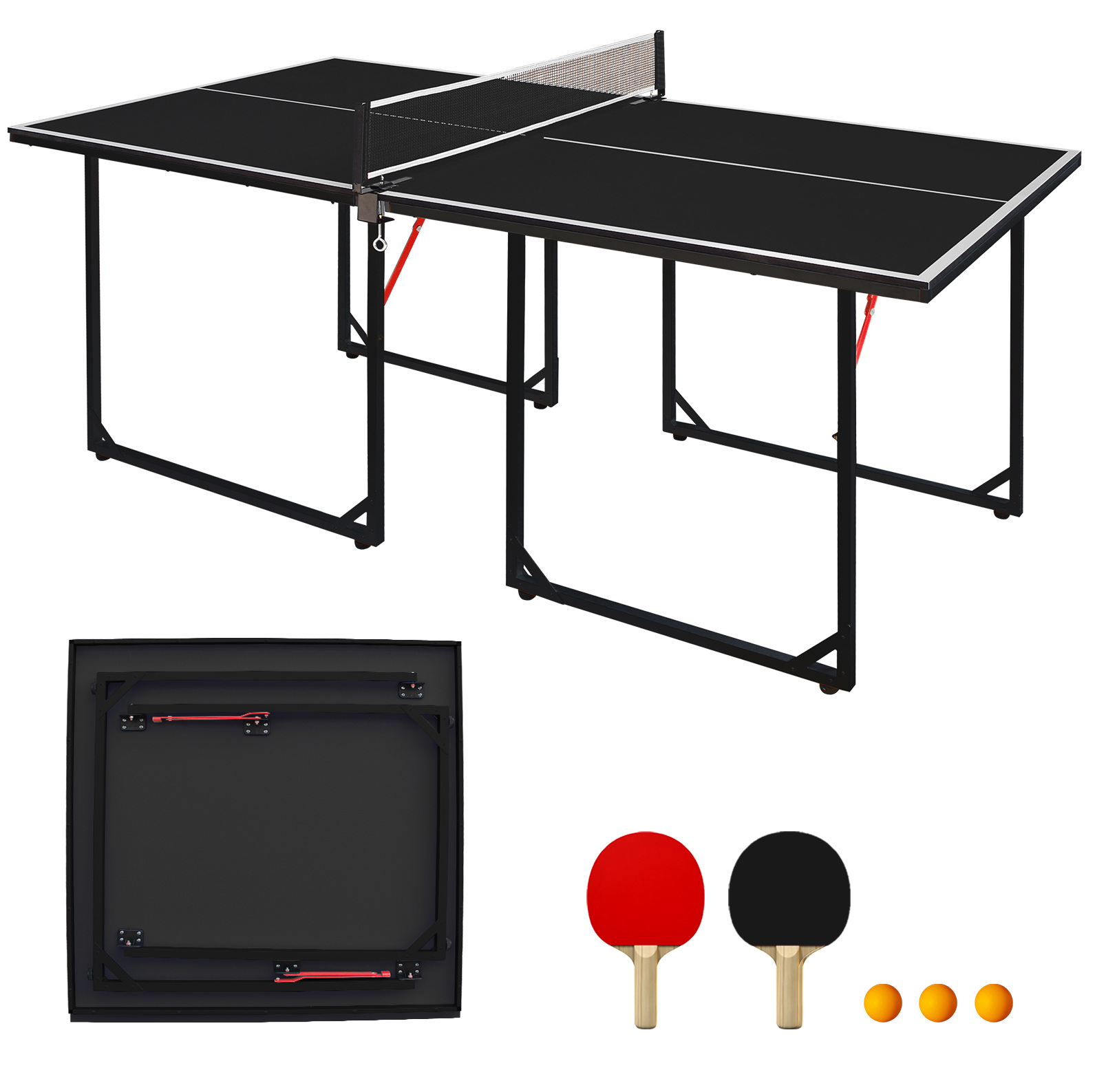 Redom Tischtennisplatte (182x91x76.2 Cm), Klappbar, Mit Netz, 2 Schlägern, 3 Bällen, Mdf, Schwarz