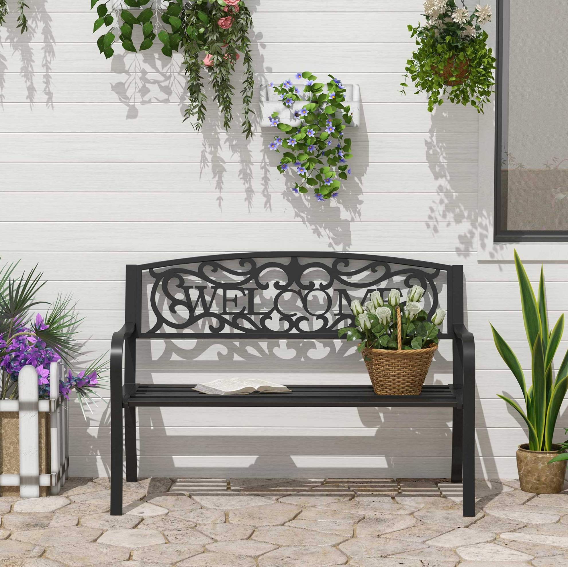 Gartenbank 127x60x87 Cm, Für Zwei Personen, Geneigte Sitzfläche, Eisen, Schwarz