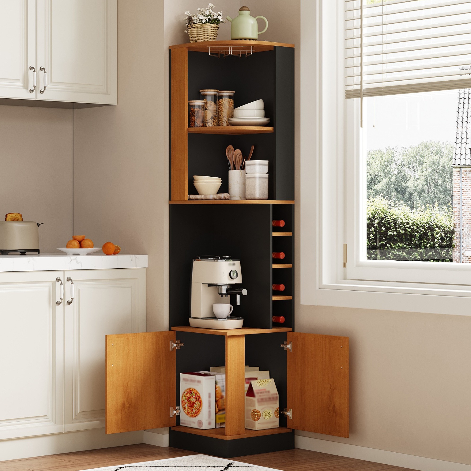 Eckweinschrank 40x40x182 Cm, Weinglasregal Aus Edelstahl, 4 Weinfächer, Mdf, Schwarz