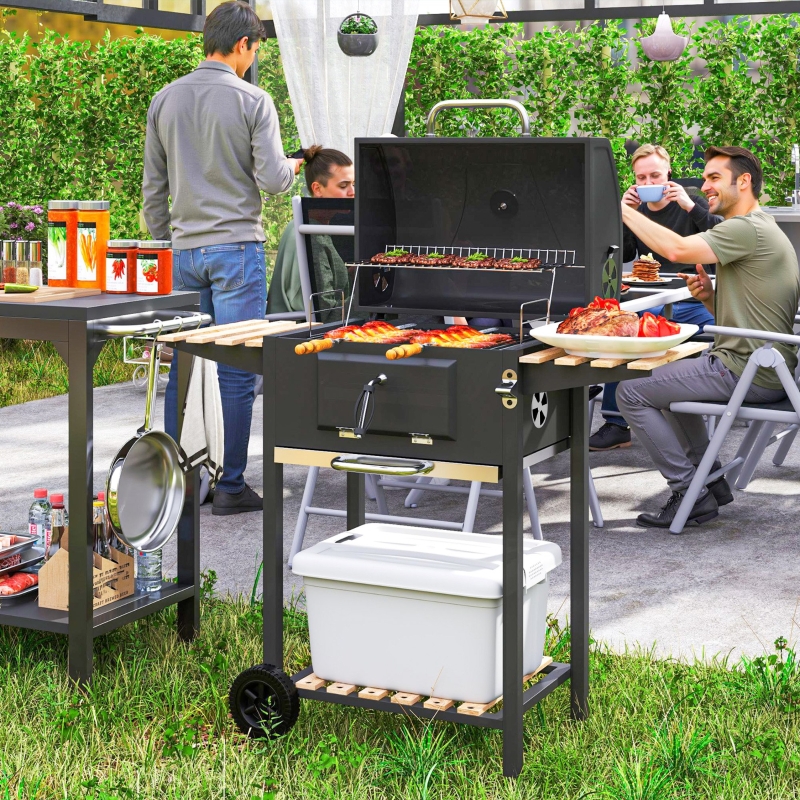 Holzkohlegrill Grillwagen, Höhenverstellbare Kohlewanne, Deckelthermometer, Edelstahl, Schwarz