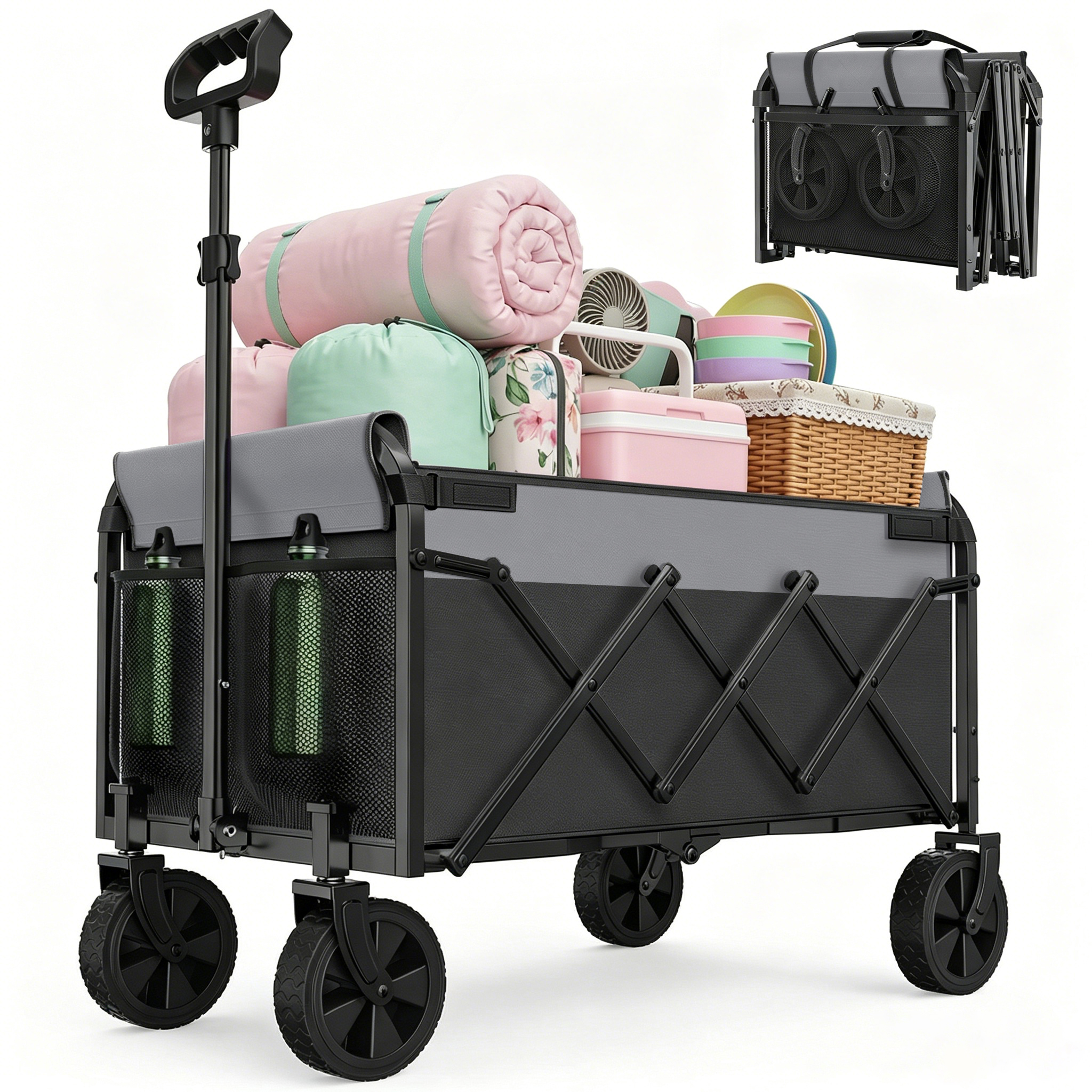 Faltwagen 74x46x96.5 Cm, Faltbar, Verstellbarer Griff, Stahl, Schwarz
