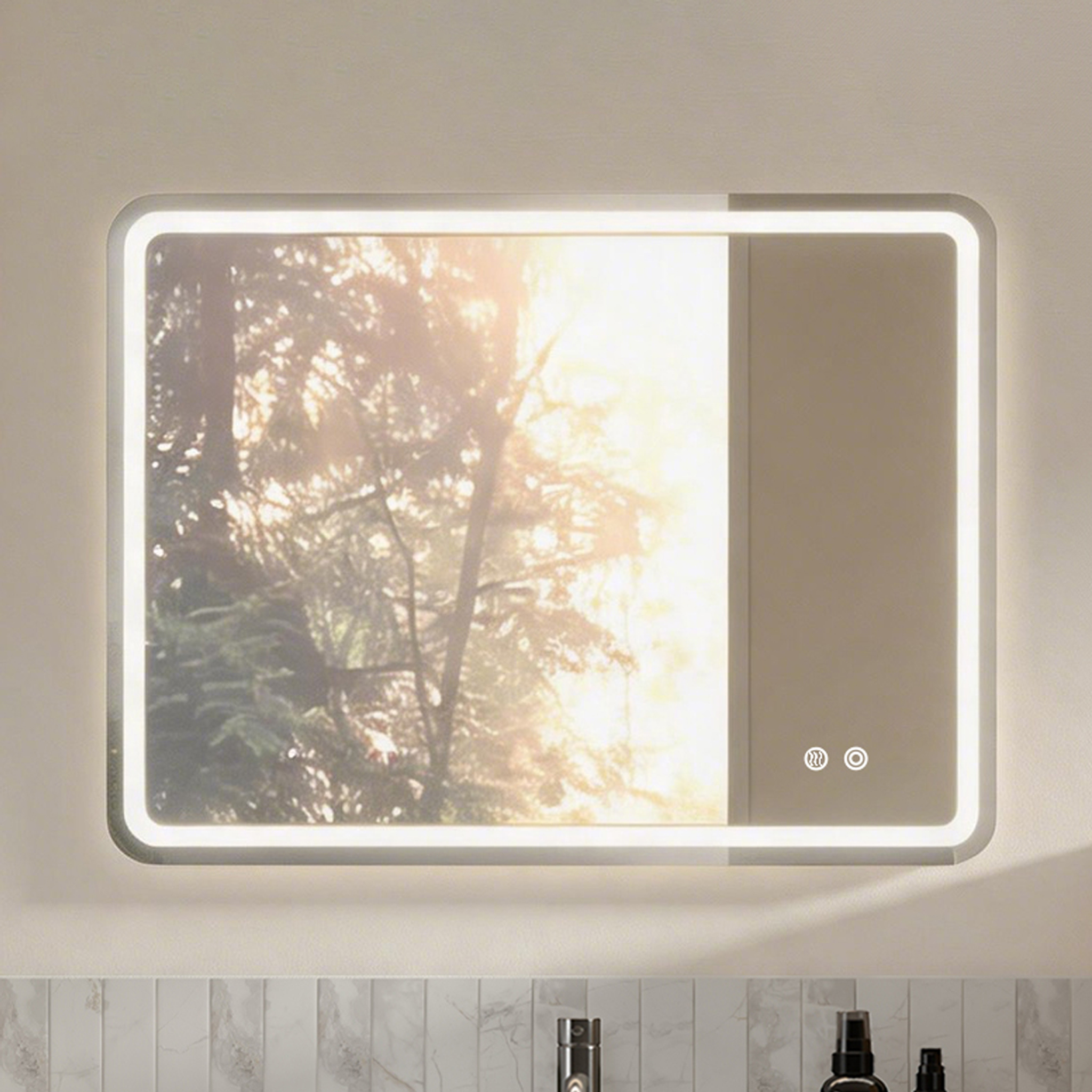 Badezimmerspiegel, Dimmbare Beleuchtung, Drei Lichtfarben, Entnebelungsfunktion, Glas, Silber