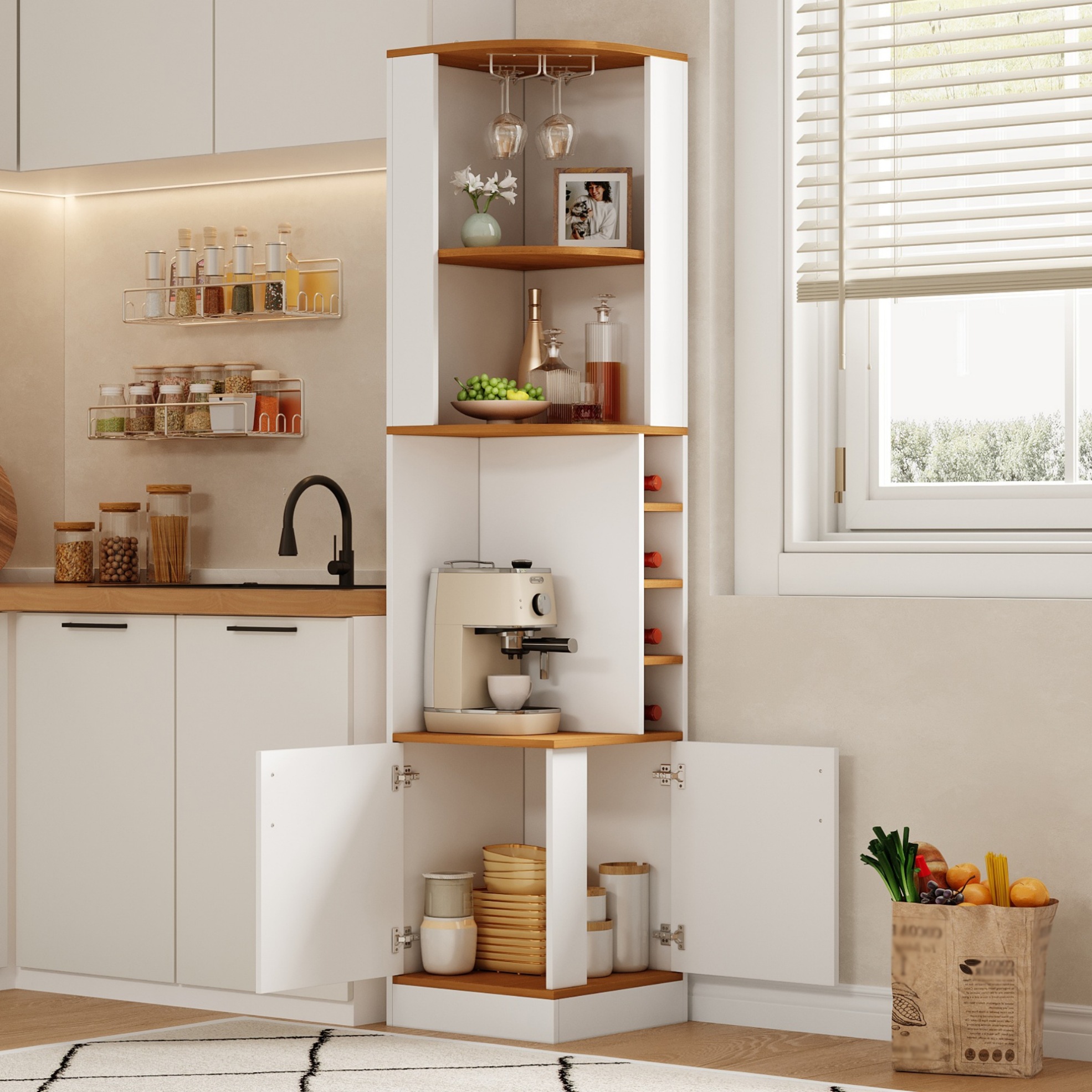 Eckweinschrank 40x40x182 Cm Mit Weinglasregal, 4 Weinfächern, Unterschrank, Mdf, Weiß