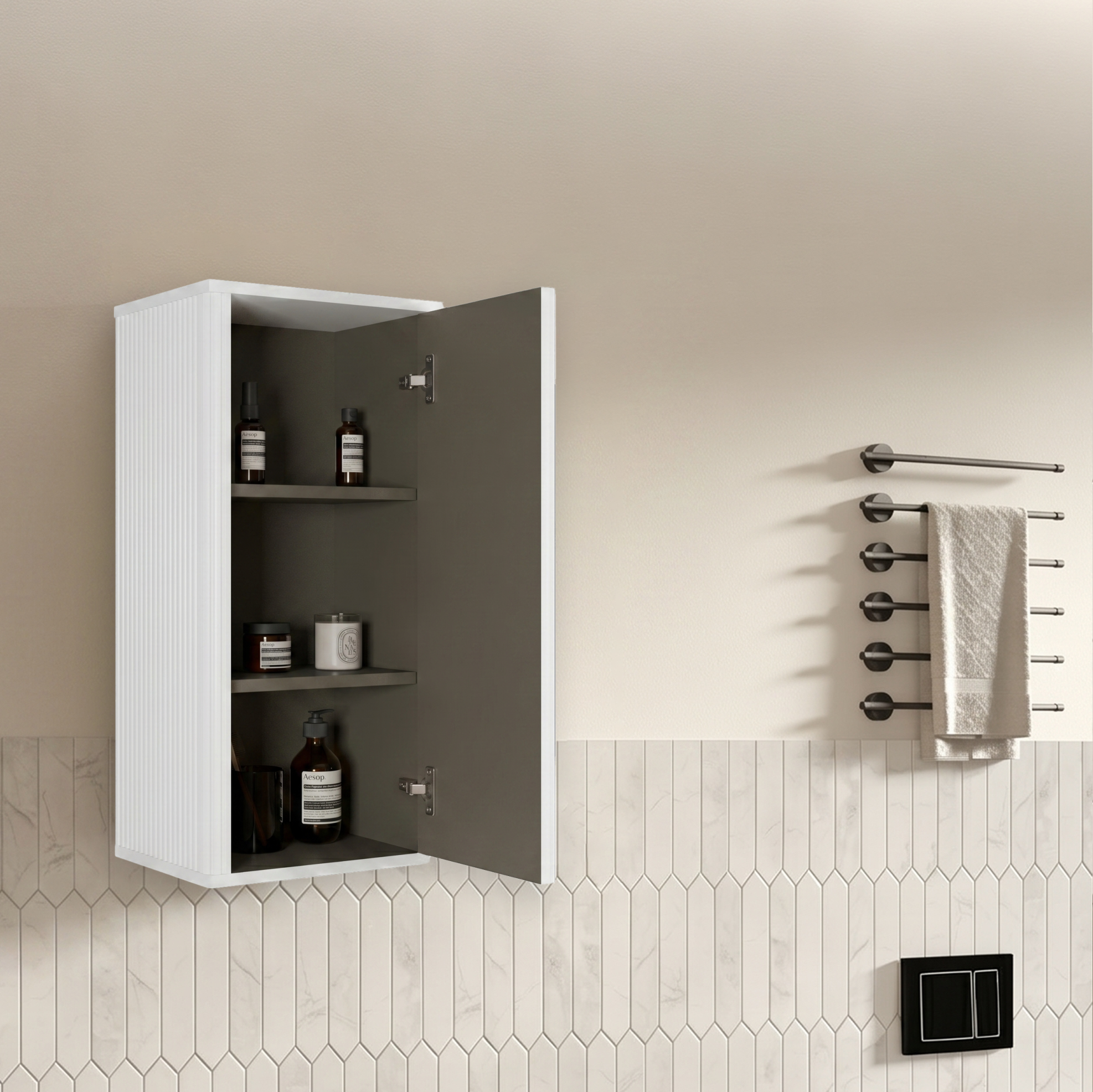 Badezimmerschrank 91.5x37.5x21.5 Cm, Wandhängend, Push To Open Tür, Rillen Design, Mdf Sperrholz, Weiß