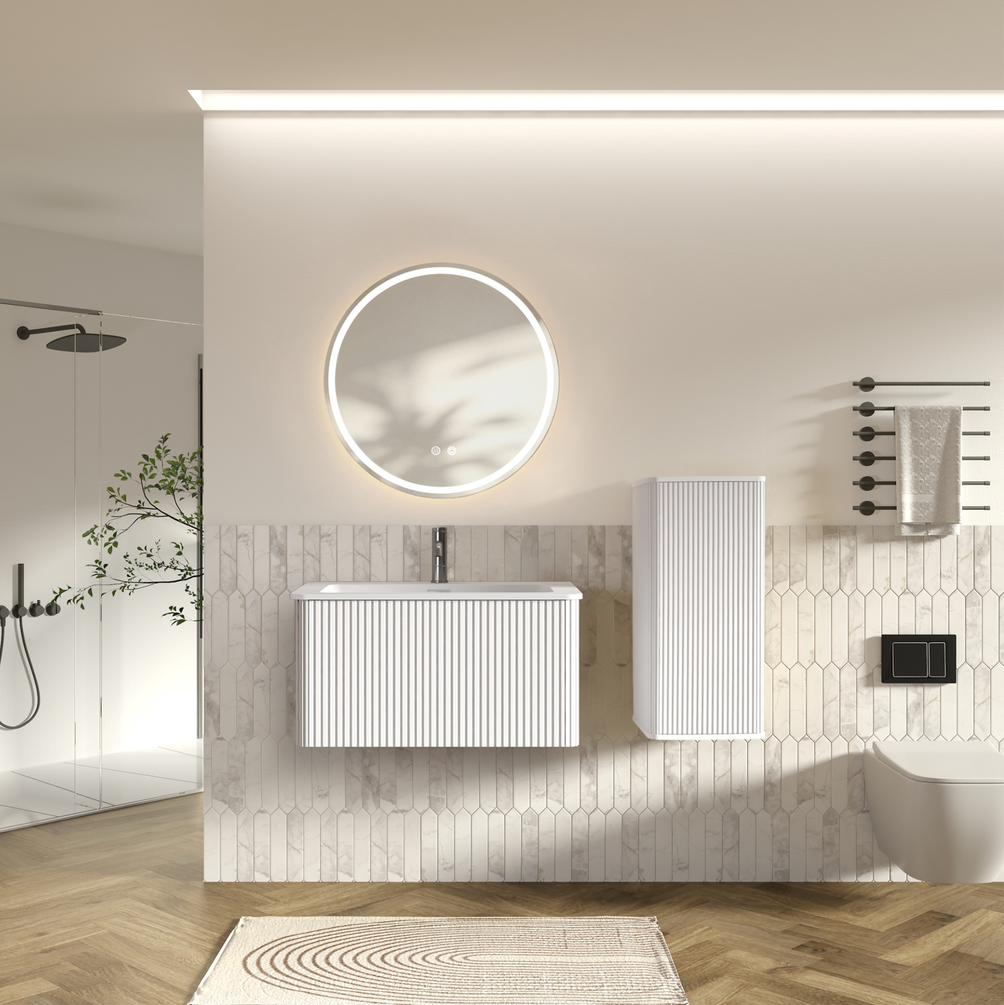 Badmöbel Set Mit Led Badspiegel, Wandhängende Schränke, Beschlagschutz, Mdf Sperrholz Kunststein Glas, Weiß