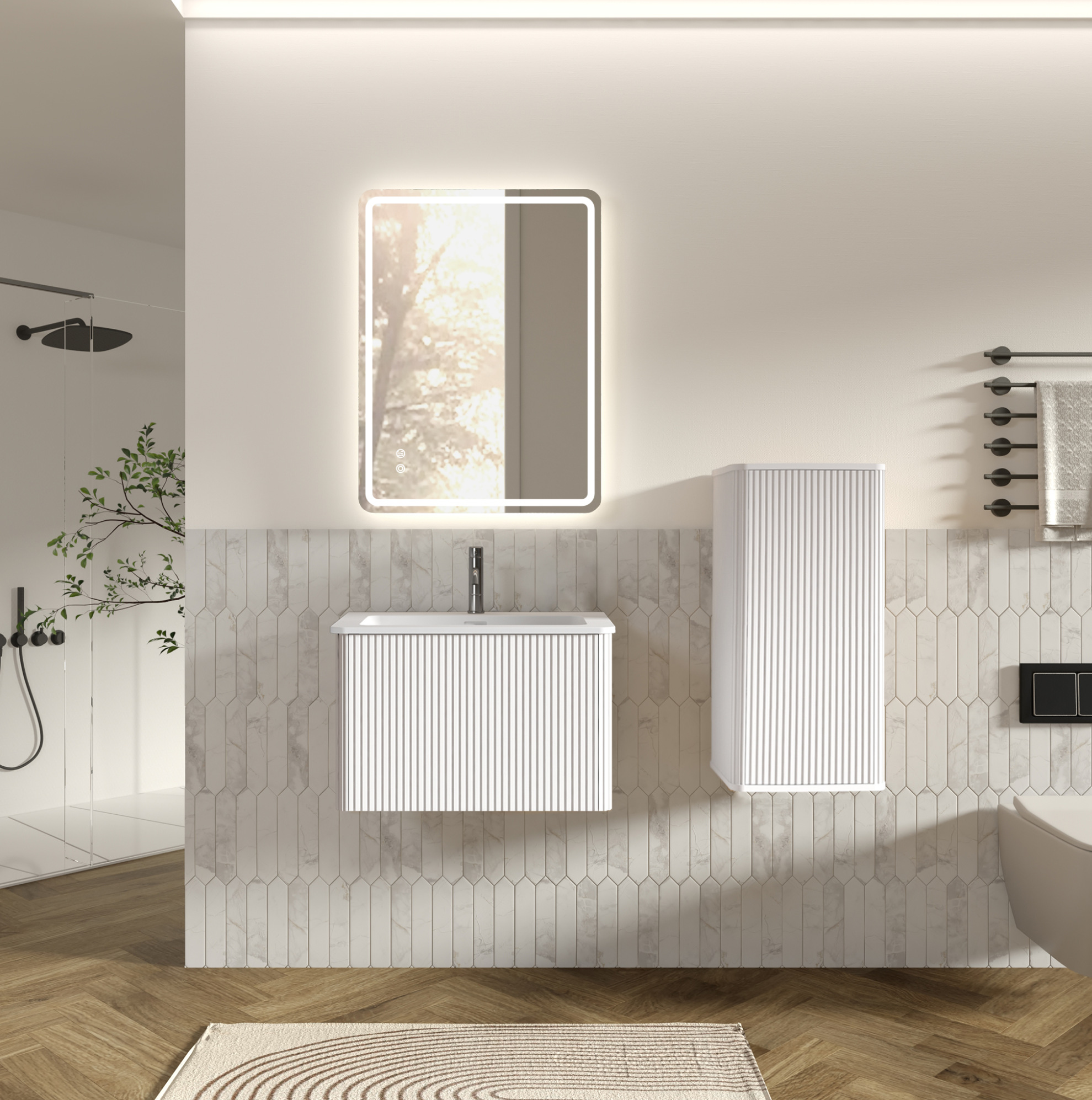 Badmöbel Set Mit Led Spiegel, Weißes Waschbecken, Hängende Schränke, Vertikale Rillen, Mdf Glas Kunststein, Weiß