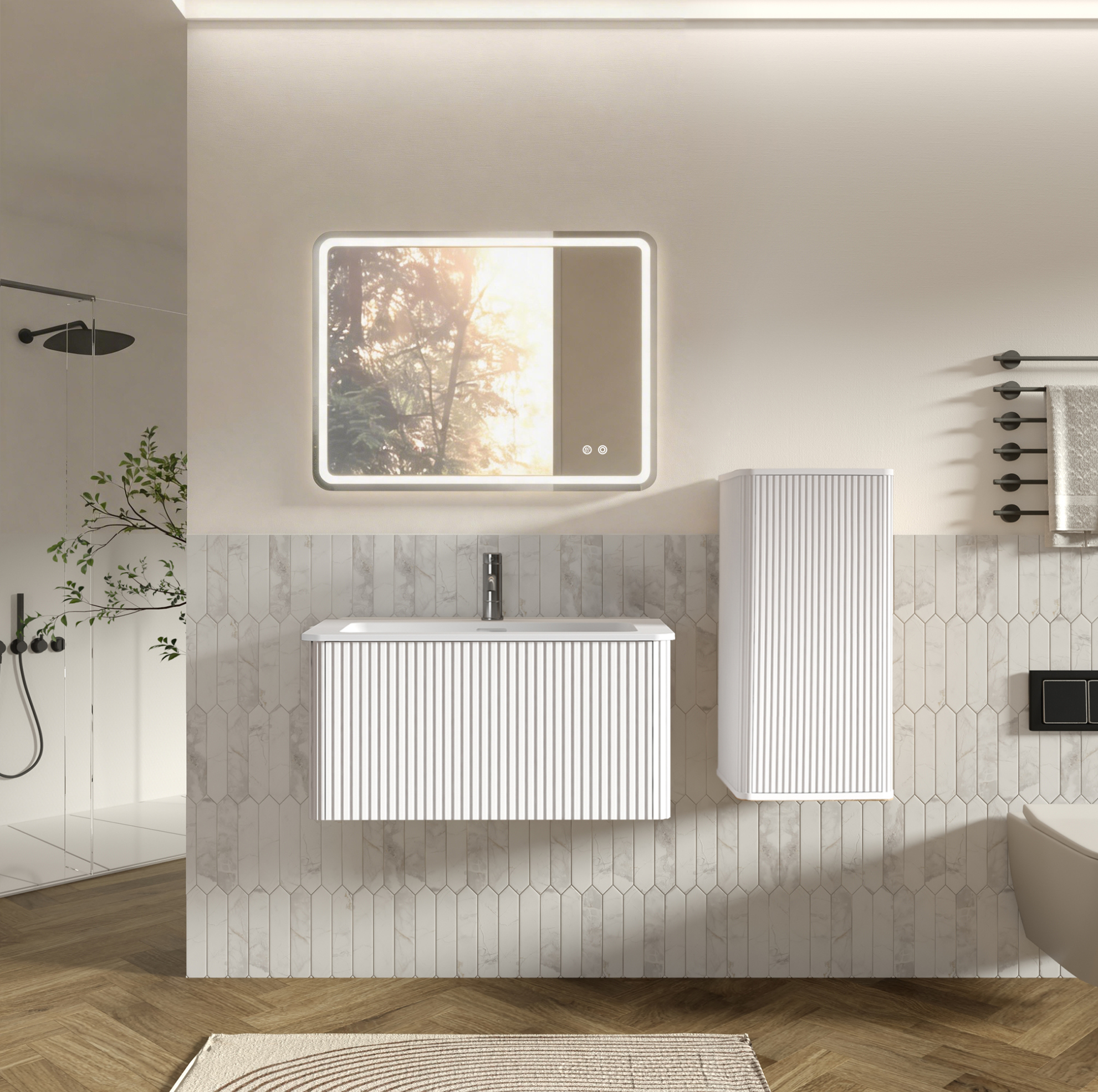 Badmöbel Set Mit Waschbecken, Led Spiegel, Wandhängenden Schränken, Vertikalen Rillen, Mdf Und Glas, Weiß