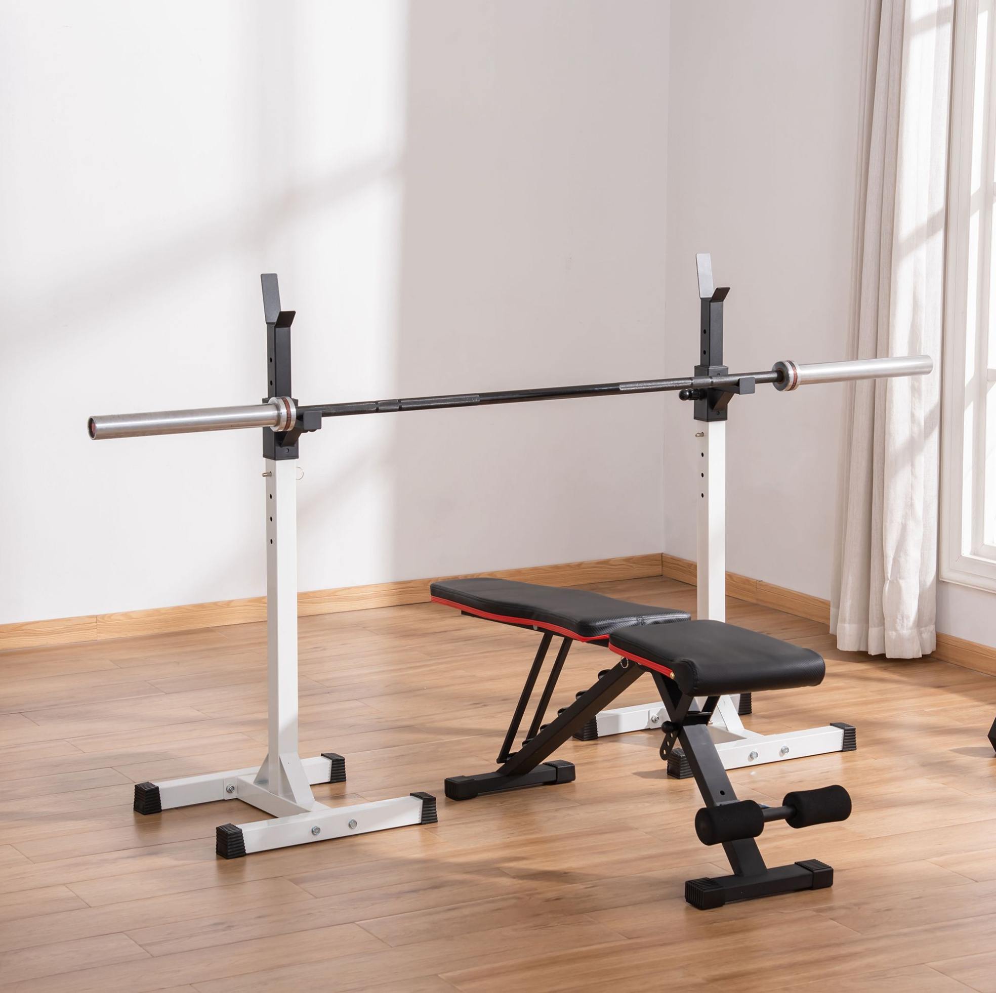 Hantelständer Set, Höhenverstellbar, Für Langhantel, 12 Stufen, Stahl, Weiß