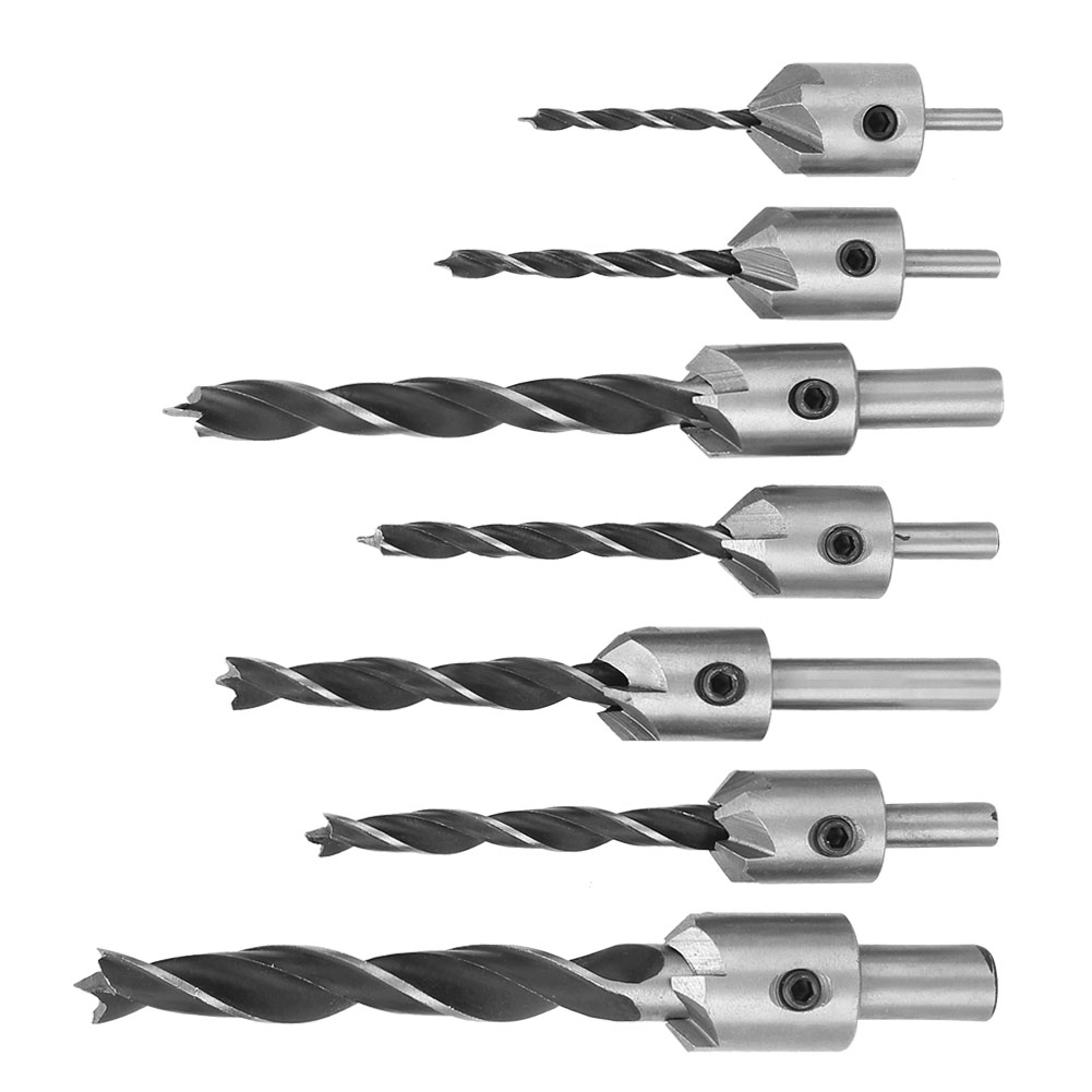 Set Mit 7 Konischen Holzbohrern Mit 5 Schneiden Und Fasenwerkzeug, Inklusive Inbusschlüssel