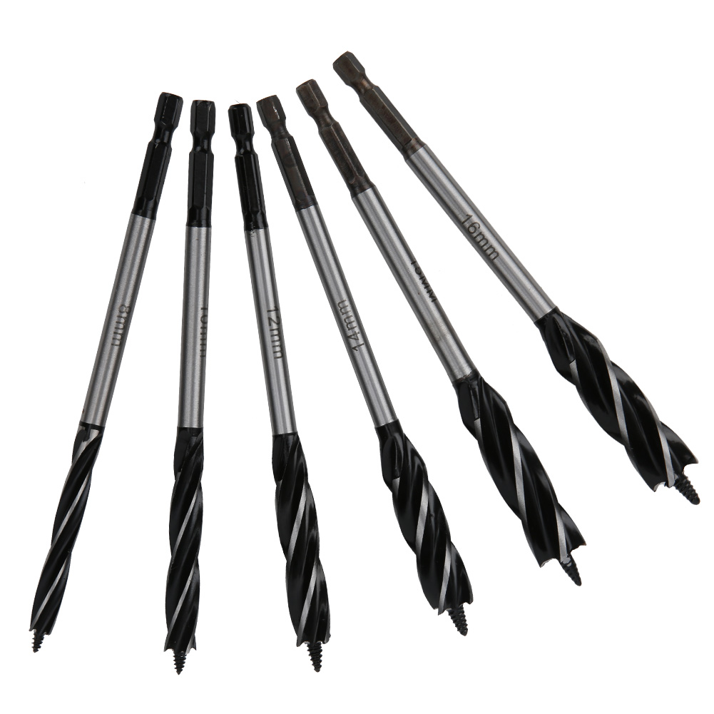 Set Mit 6 Holzbohrern Inklusive Zentrierbohrer, Zentrierspitze, Spiralbohrer, Vier Schneiden, Sechskantschaft, 8–16 Mm