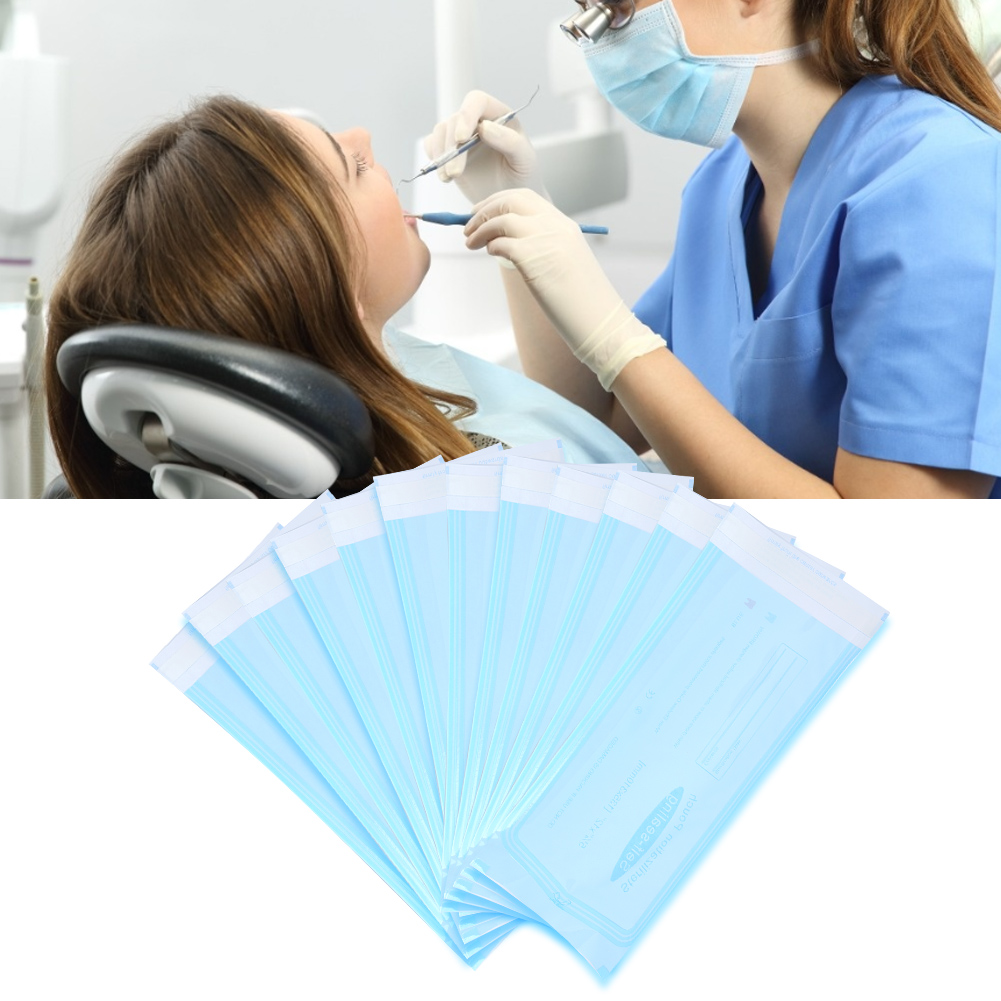 200 Selbstklebende Beutel Für Zahnärztliches Zubehör, Pvc-beutel, Transparente Folie, Blau, Zur Sterilisation (135 X 310 Mm)