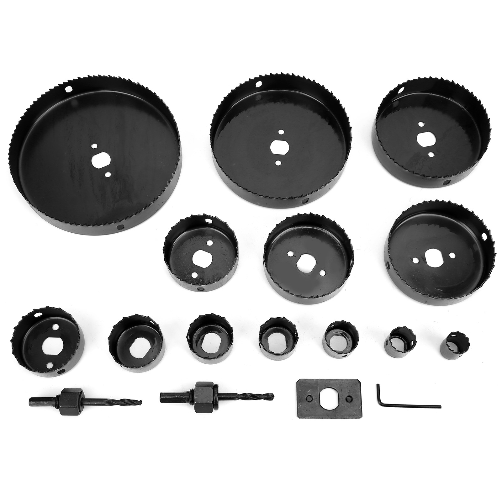 Set Mit 17 Lochsägen Aus Hochkohlenstoffhaltigem Stahl, Inklusive Einer Lochsäge Und Einem Holzlochaufweiter.