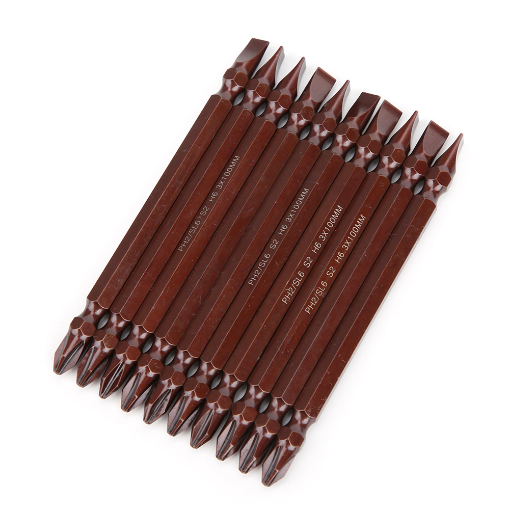 Set Mit 10 Doppelseitigen Schraubendreherbits, Metallzubehör, Handwerkzeug, Magnetisch, S2 H6,3 X 100 Mm, Doppelseitig, S2 H6,3 X 100 X Ph2/sl6