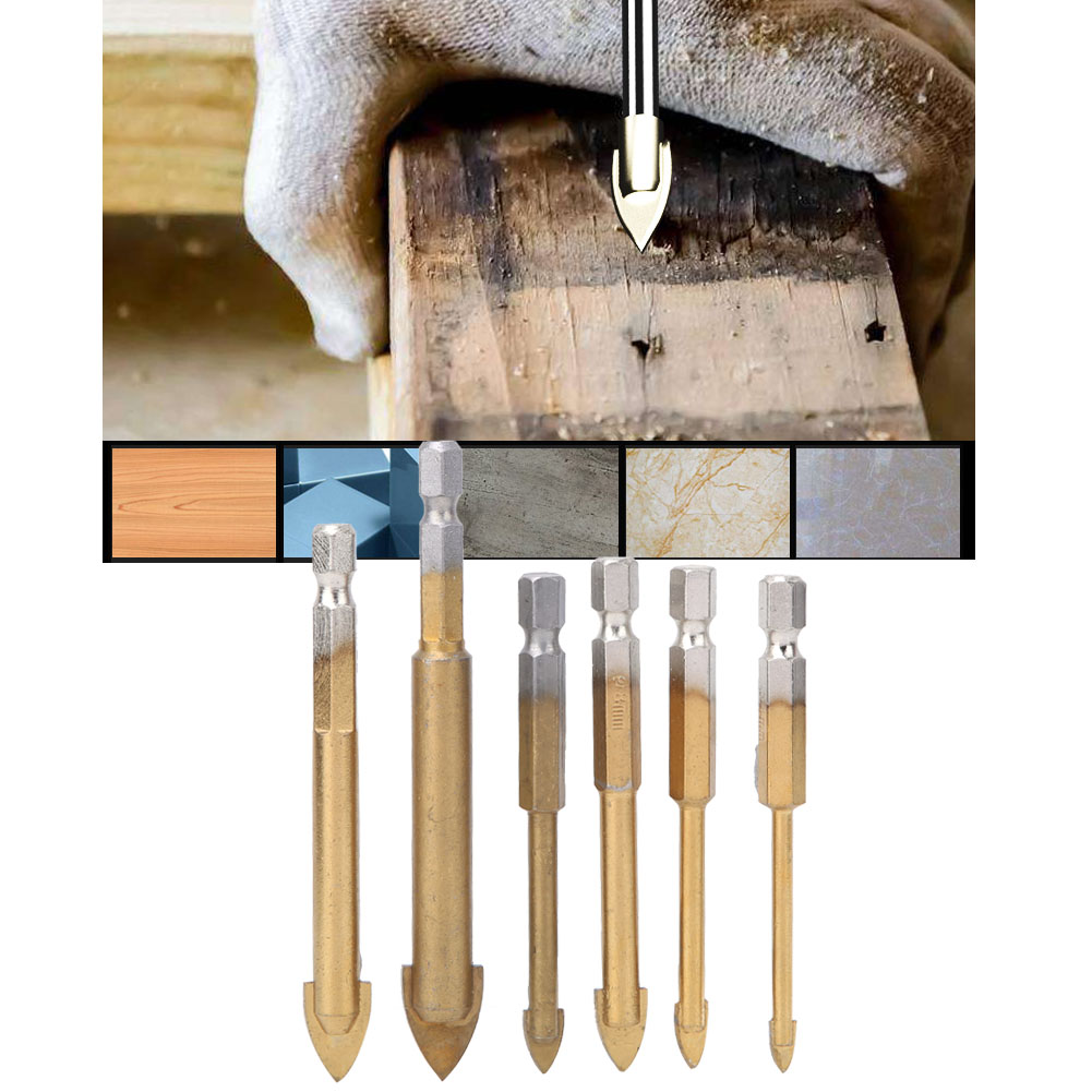 Set Mit 6 Dreieckigen Titanbohrern Mit Sechskantschaft Für Glas Und Keramik, 4 Mm / 5 Mm / 6 Mm / 8 Mm / 10 Mm / 12 Mm