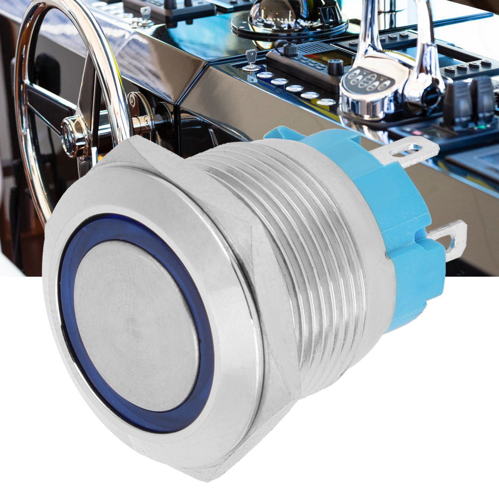 2 Stück 19-mm-led-momenttaster Mit Blauer Led-beleuchtung, Flachkopf, 4-polig, Wasserdicht (ip65), 12–24 V Dc