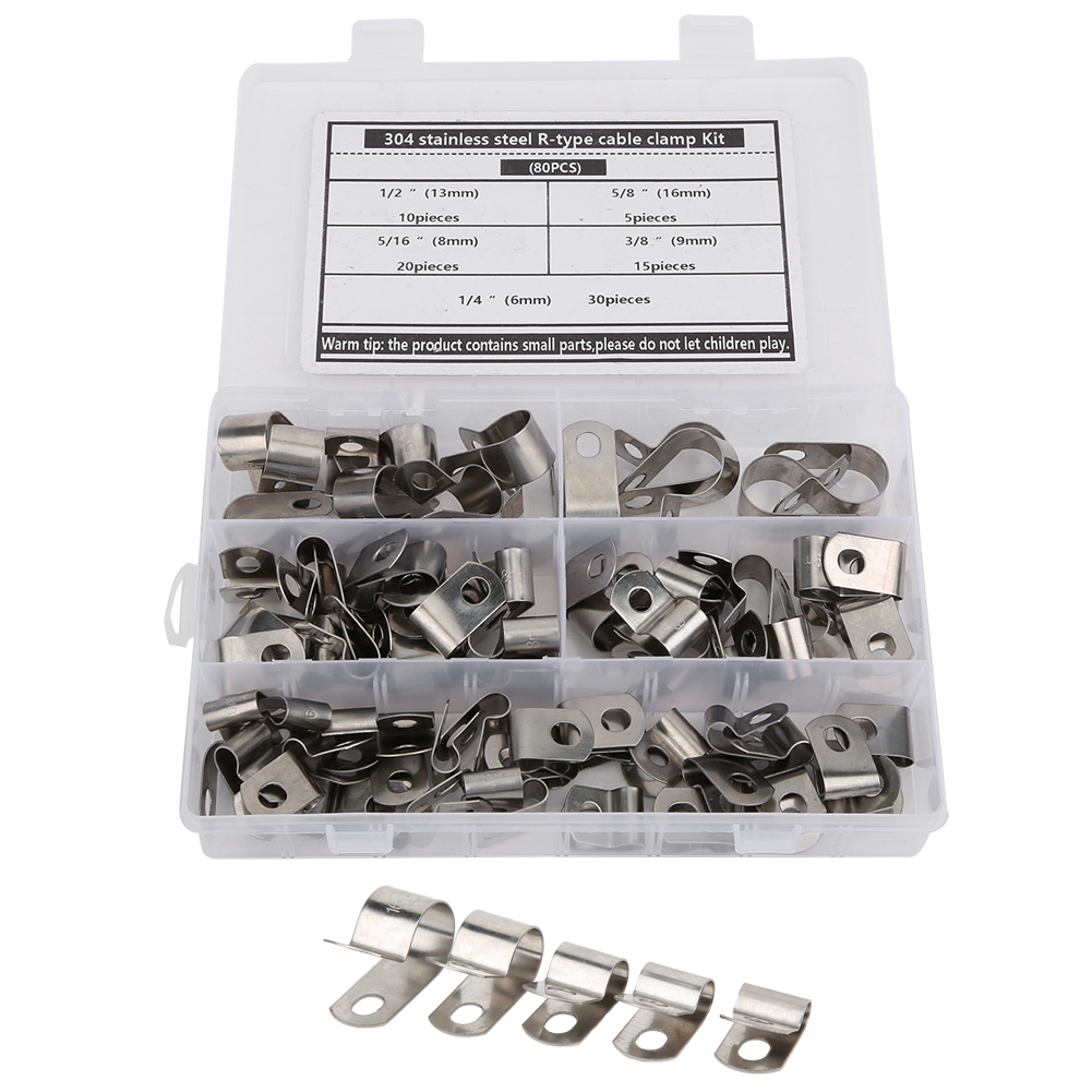 Kabelklemmen-set Typ R, 80-teilig, Metallteile, Edelstahl 304, Korrosionsbeständig, 6–16 Mm