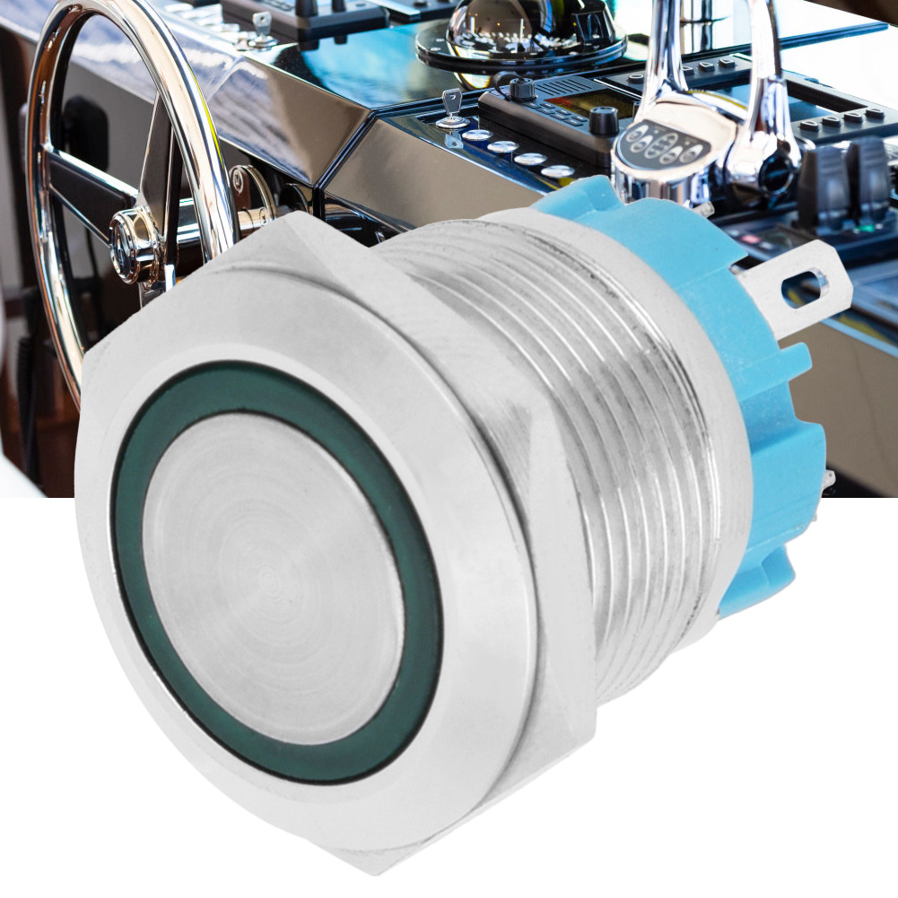 Drucktaster, 4-polig, Schutzart Ip65, Flacher Kopf, Selbstrückstellend, Rund, Ein/aus Mit Grüner Led, 12–24 V Dc