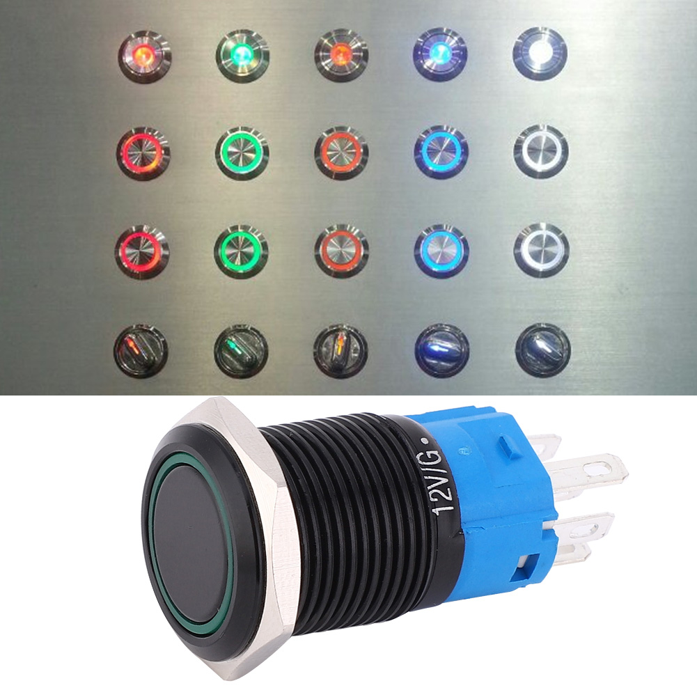 2 Stück 12vdc 16mm 5-polige Selbstverriegelnde Drucktaster, Wasserdicht Ip65 Mit Kontrollleuchte (grün)